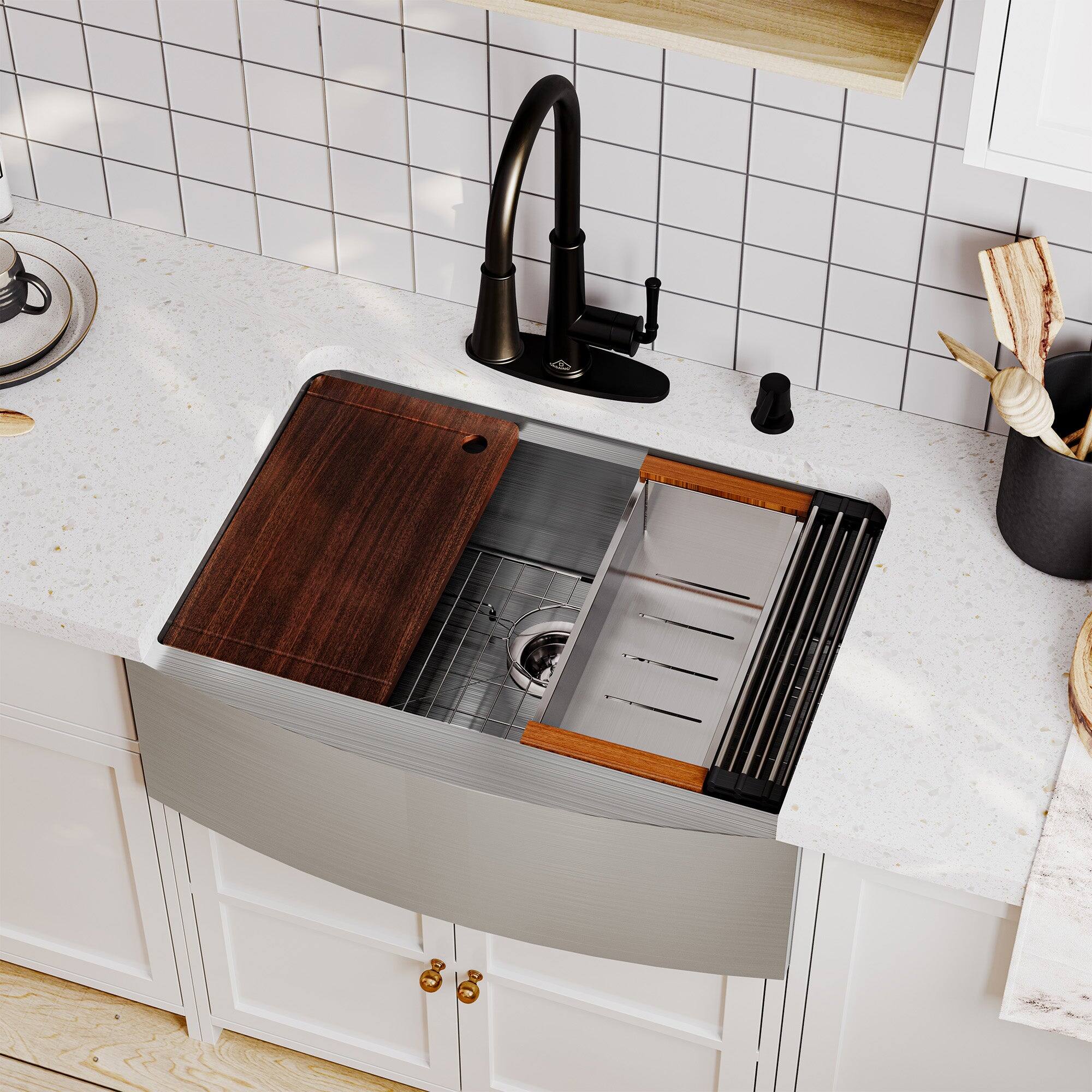 Alt View 2. Boyel Living - 30 in. Farmhouse/Apron-Front Single Bowl Brushed 18-Gauge Stainless Steel Kitchen Sink with Cutting board,Accessories - Silver.