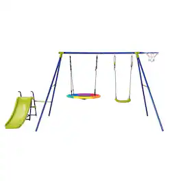 SlickBlue - 4-in-1 Metal Playset with Slide, Basketball Hoop, Swing and Climbing Features - Multicolor