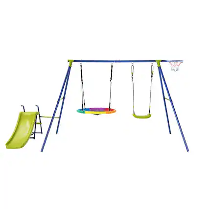 Front. SlickBlue - 4-in-1 Metal Playset with Slide, Basketball Hoop, Swing and Climbing Features - Multicolor.