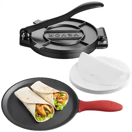Front. VEVOR - Tortilla Press, 10 Inch Cast Iron Tortilla and Roti Maker, Heavy Duty Tortilladora Press, Pataconera Makers with Handle - Black.