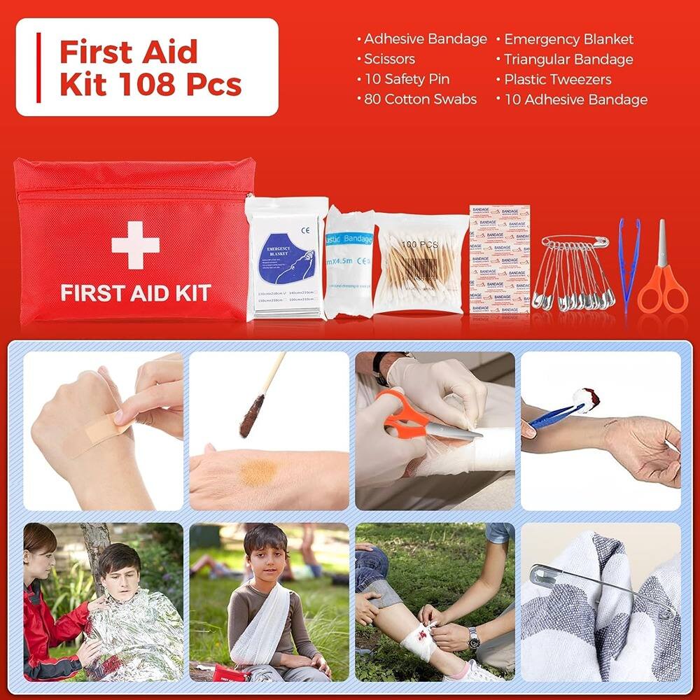 First Aid Kit 108 Pcs

- Adhesive Bandage
- Scissors
- 10 Safety Pin
- 80 Cotton Swabs
- Emergency Blanket
- Triangular Bandage
- Plastic Tweezers
- 10 Adhesive Bandage

FIRST AID KIT

CE

100 PCS

MIAT CE

SANGAAA

SA

1N SEA