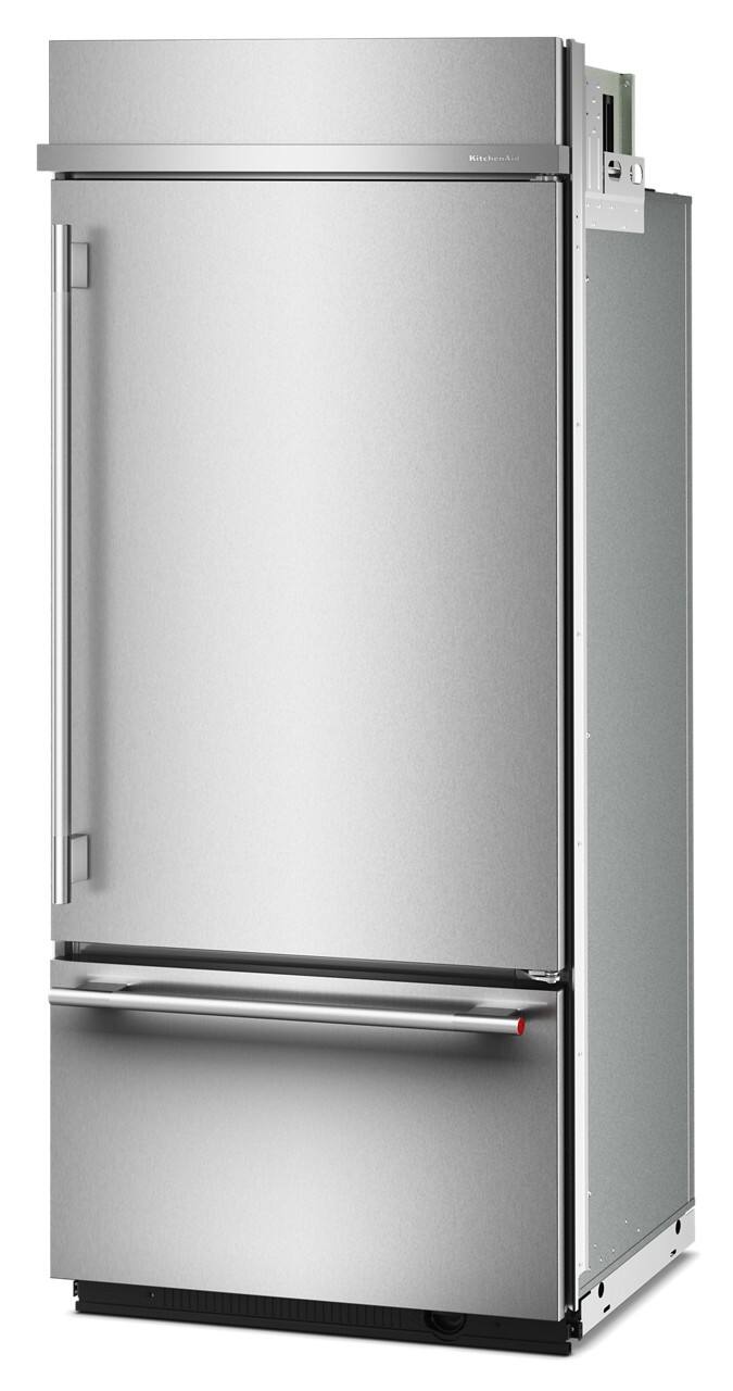 Left. KitchenAid - 20.8 Cu. Ft. Built-In Bottom Mount Refrigerator with Platinum Interior - Stainless Steel with PrintShield Finish.