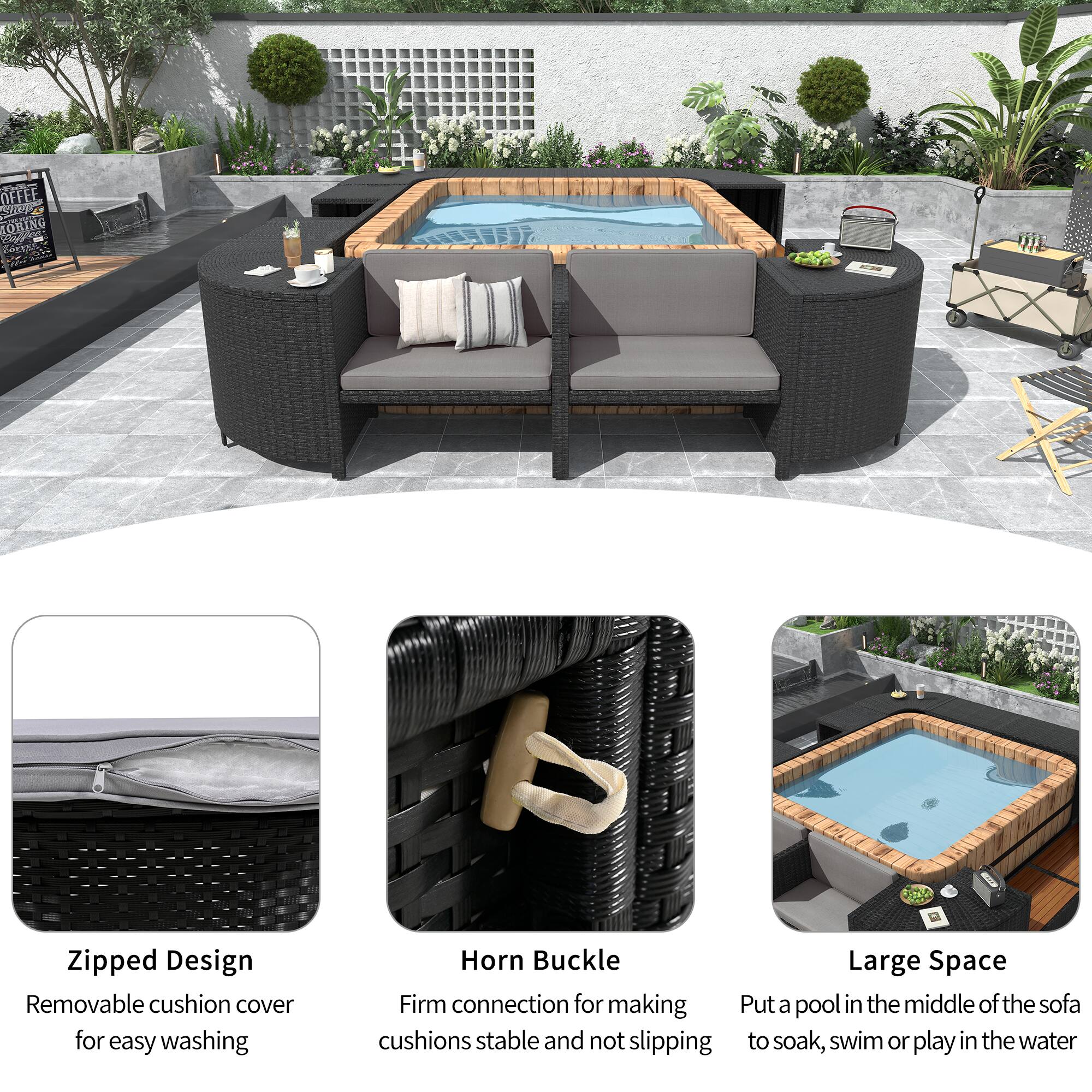 - Zipped Design: Removable cushion cover for easy washing
- Horn Buckle: Firm connection for making cushions stable and not slipping
- Large Space: Put a pool in the middle of the sofa to soak, swim or play in the water