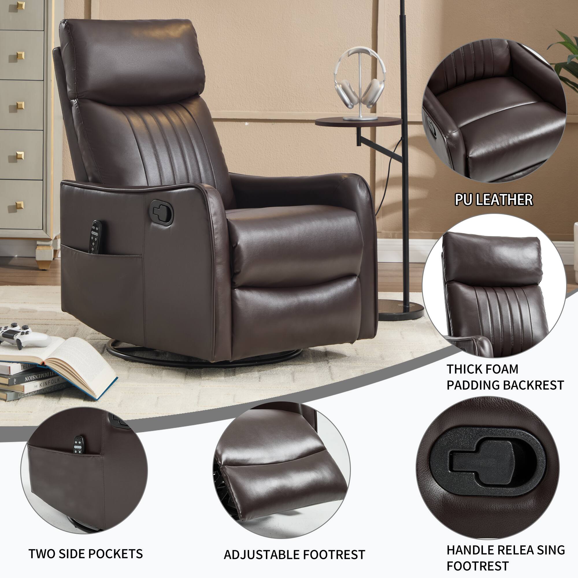 - PU Leather
- Thick Foam Padding Backrest
- Two Side Pockets
- Adjustable Footrest
- Handle Releasing Footrest