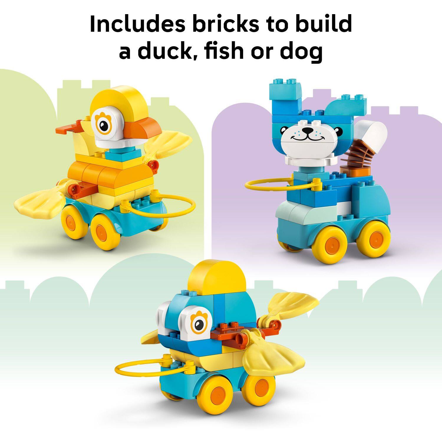 Includes bricks to build a duck, fish or dog.