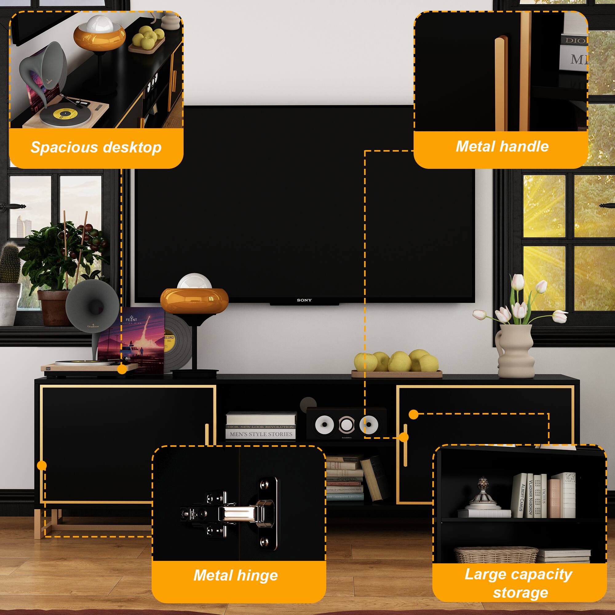 The text on the image can be grouped and corrected as follows:

1. Spacious desktop: This refers to the large TV screen in the living room.
2. Metal handle: This refers to the metal handle on the TV stand.
3. Metal hinge: This refers to the metal hinge on the TV stand.
4. Large capacity storage: This refers to the storage space provided by the TV stand.