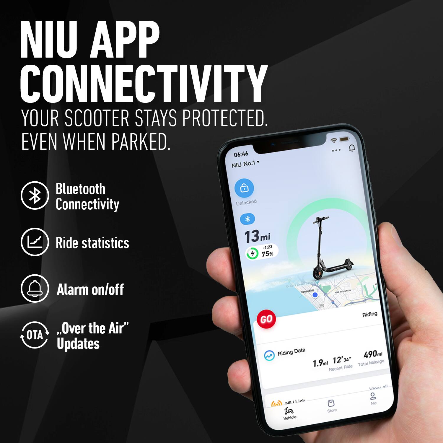 NIU APP CONNECTIVITY  
YOUR SCOOTER STAYS PROTECTED. EVEN WHEN PARKED.  

06:46  
NIU No.1  
Bluetooth Connectivity  
Ride statistics  
Alarm on/off  
"Over the Air" Updates  

13mi +1:23  
75%  

GO  

Riding Data  
1.9mi 12'34"  
490mi  

Recent Ride  
Total Mileage  

Vehicle  
Store  
Me