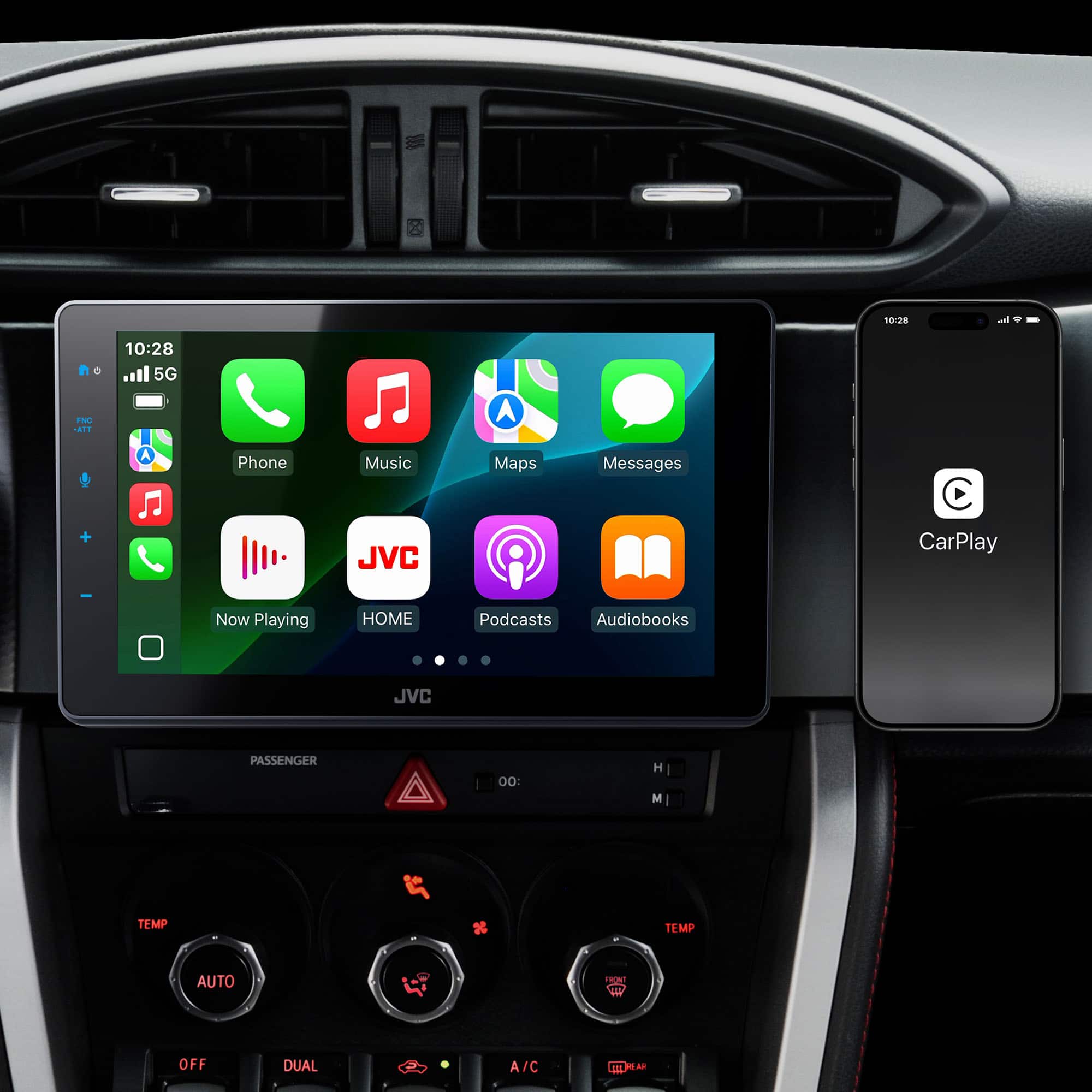10:28
5G
Phone Music Maps Messages Now Playing HOME Podcasts Audiobooks
JVC CarPlay - Now Playing
PASSENGER
TEMP AUTO OFF DUAL A/C
TEMP
CarPlay