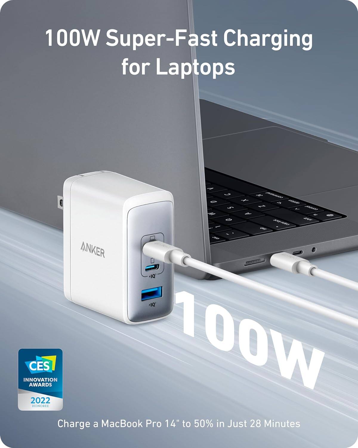 100W Super-Fast Charging for Laptops

Charge a MacBook Pro 14" to 50% in Just 28 Minutes

100W

CES Innovation Awards 2022 Honoree