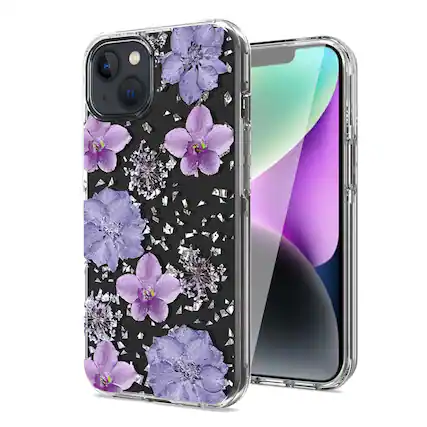 Front. Reiko - Pressed Dried Flower Design Phone Case For Iphone 14 Plus In Purple - Purple.