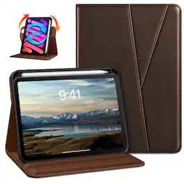 DTTO - Case for iPad Mini 7 (A17 Pro) 2024 / Mini 6 2021 - 360° Rotating Leather Folio with Pencil Holder - Dark Brown