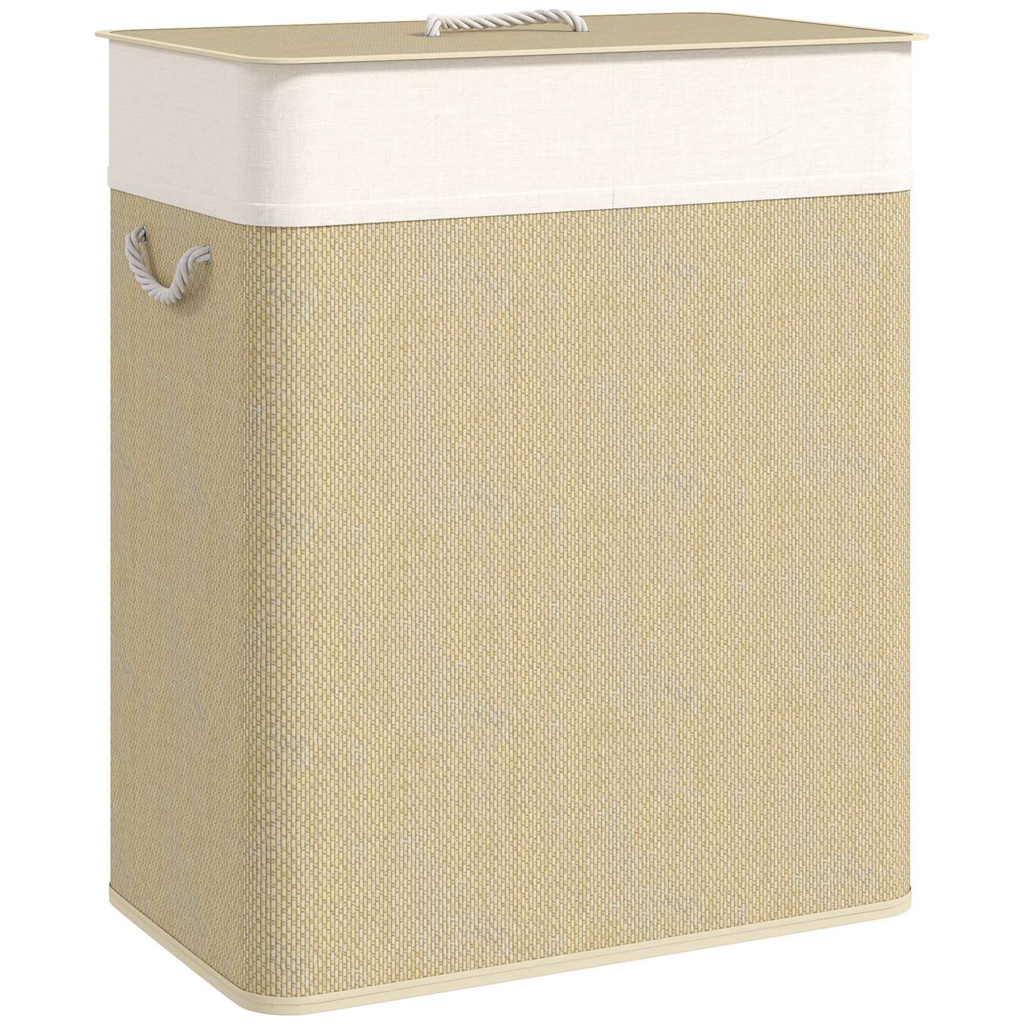 Homcom - Double Laundry Basket with Lid, 26.4 Gallon Bamboo Laundry Hamper, Clothes Hamper with Removable Liner for Bathroom - Natural Wood