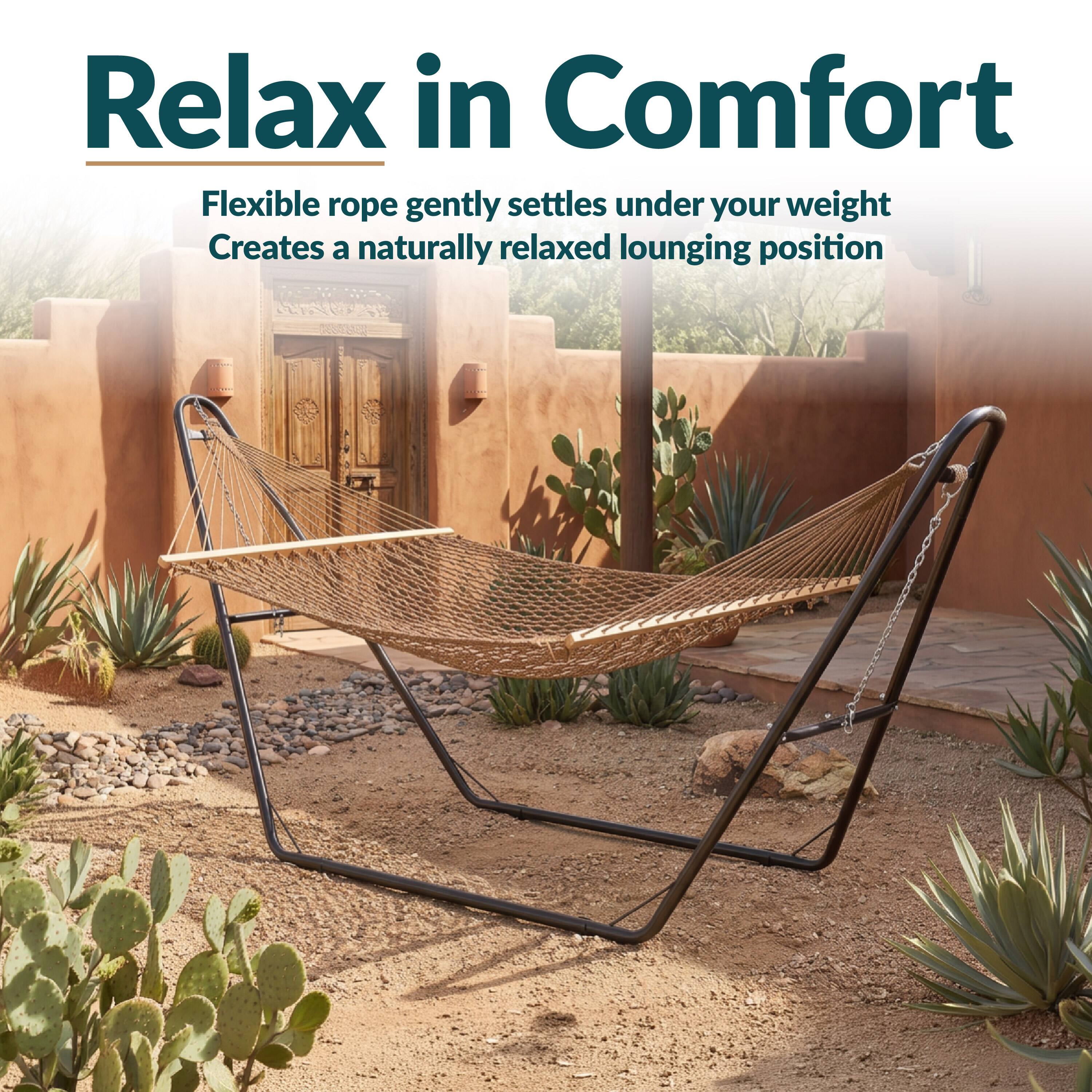 Relax in Comfort

Flexible rope gently settles under your weight
Creates a naturally relaxed lounging position