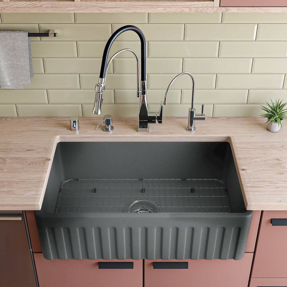 Left. Alfi - Concrete Color 33 inch Reversible Single Fireclay Farmhouse Kitchen Sink - Concrete.