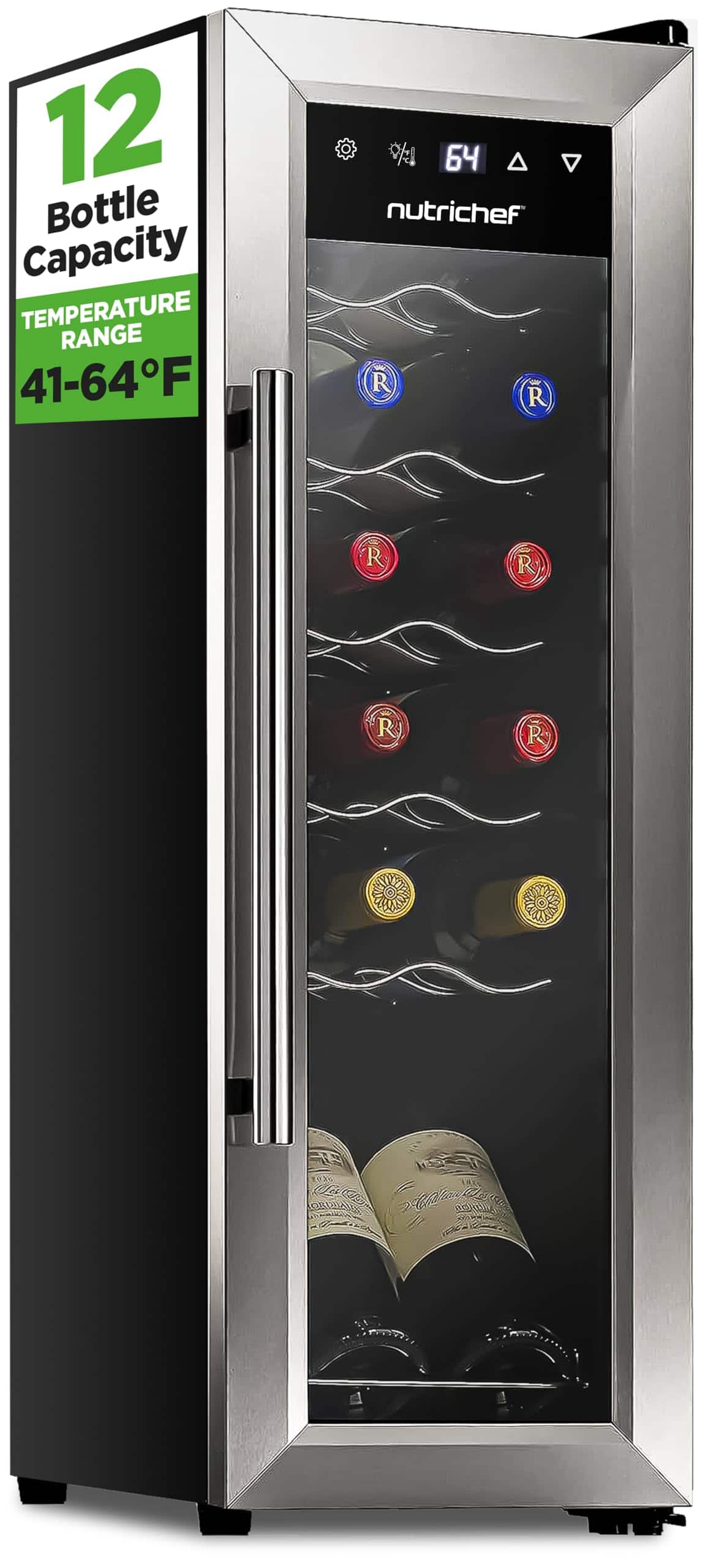 NutriChef - 12-Bottle Slim Wine Fridge, Adjustable Temp, Ultra Quiet, Energy Efficient (PKCWC12) - Stainless Steel