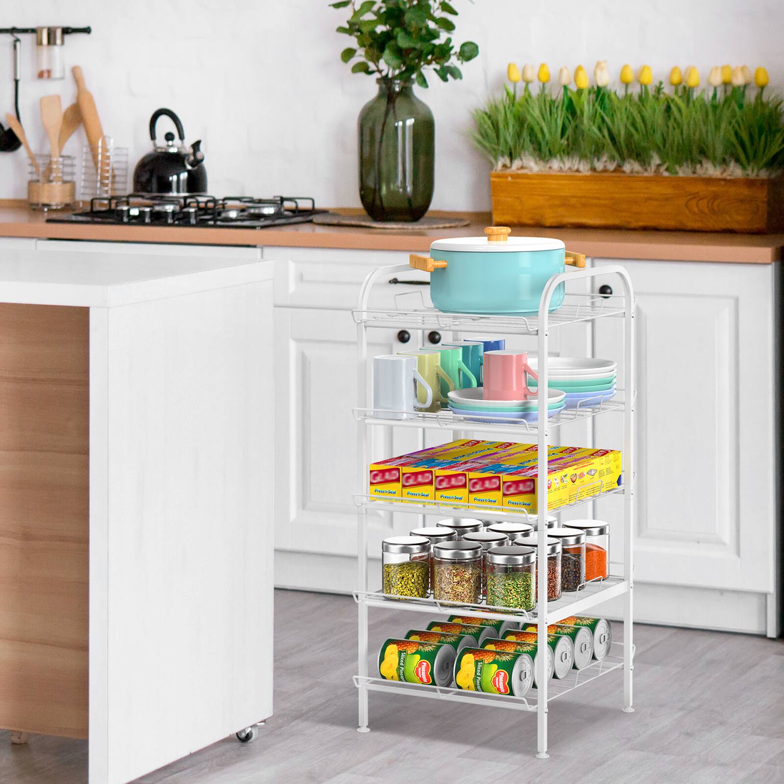 Back. Oumilen - 5-Tier Water Bottle Storage Rack, Anti-Rust Beverage Bottle Organizer Stand, White - White.