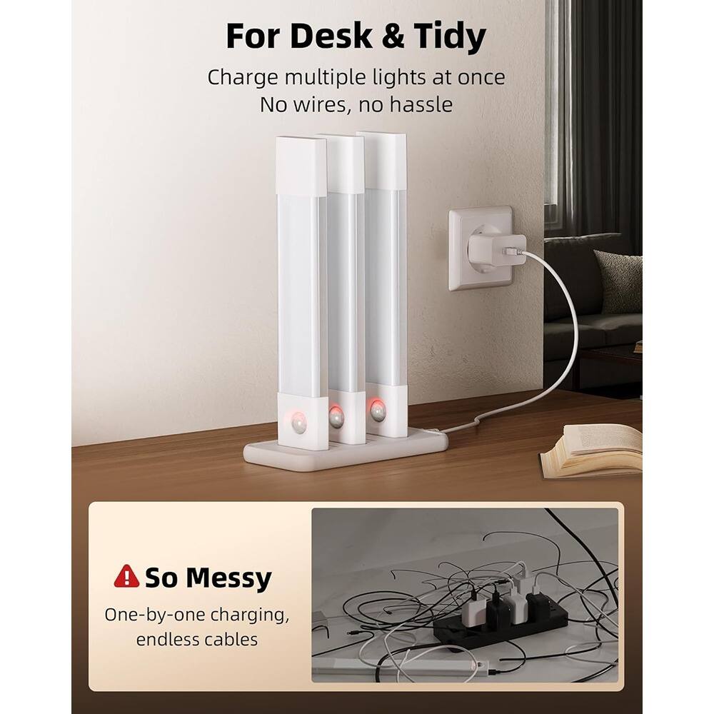 For Desk & Tidy  
Charge multiple lights at once  
No wires, no hassle  

So Messy  
One-by-one charging, endless cables