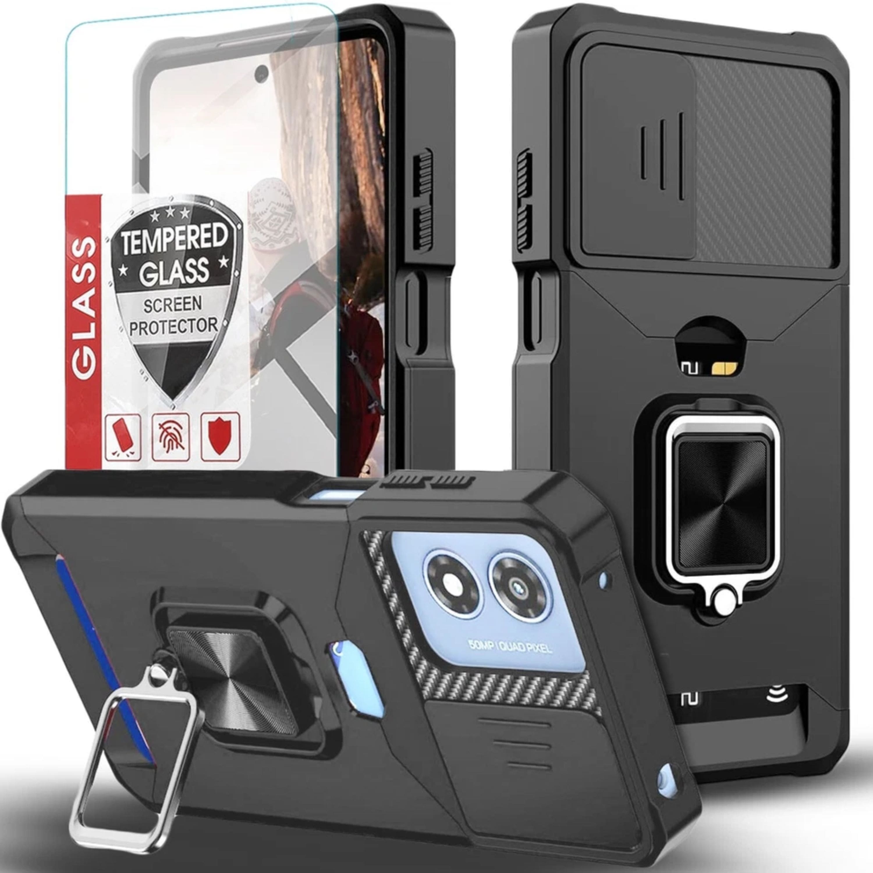Kitcheniva - Ultra Protective Shockproof Phone Case Plus Tempered Glass For Moto G Play 2024 - Black