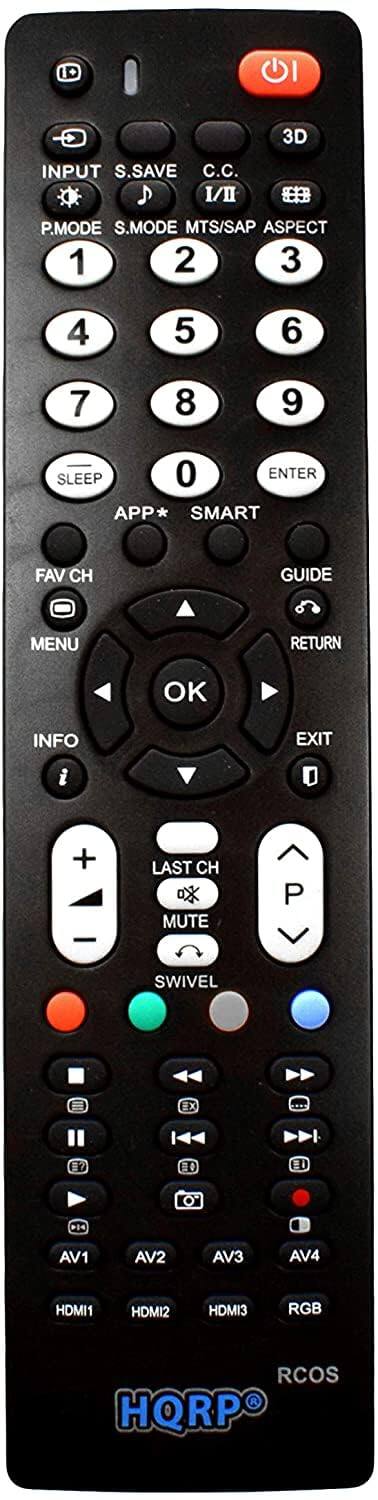 Here is the corrected and grouped text from the image:

- **Top Row:**
  - INPUT
  - S.SAVE
  - C.C.
  - 3D

- **Second Row:**
  - P.MODE
  - S.MODE
  - MTS/SAP
  - ASPECT

- **Number Buttons:**
  - 1
  - 2
  - 3
  - 4
  - 5
  - 6
  - 7
  - 8
  - 9
  - 0

- **Additional Buttons:**
  - SLEEP
  - ENTER
  - APP*
  - SMART
  - FAV CH
  - GUIDE
  - MENU
  - RETURN
  - OK
  - INFO
  - EXIT

- **Volume and Channel Controls:**
  - +
  - -
  - LAST CH
  - MUTE
  - SWIVEL
  - P

- **Color Buttons:**
  - Red
  - Green
  - Blue
  - Yellow

- **Media Controls:**
  - Play/Pause
  - Stop
  - Rewind
  - Fast Forward