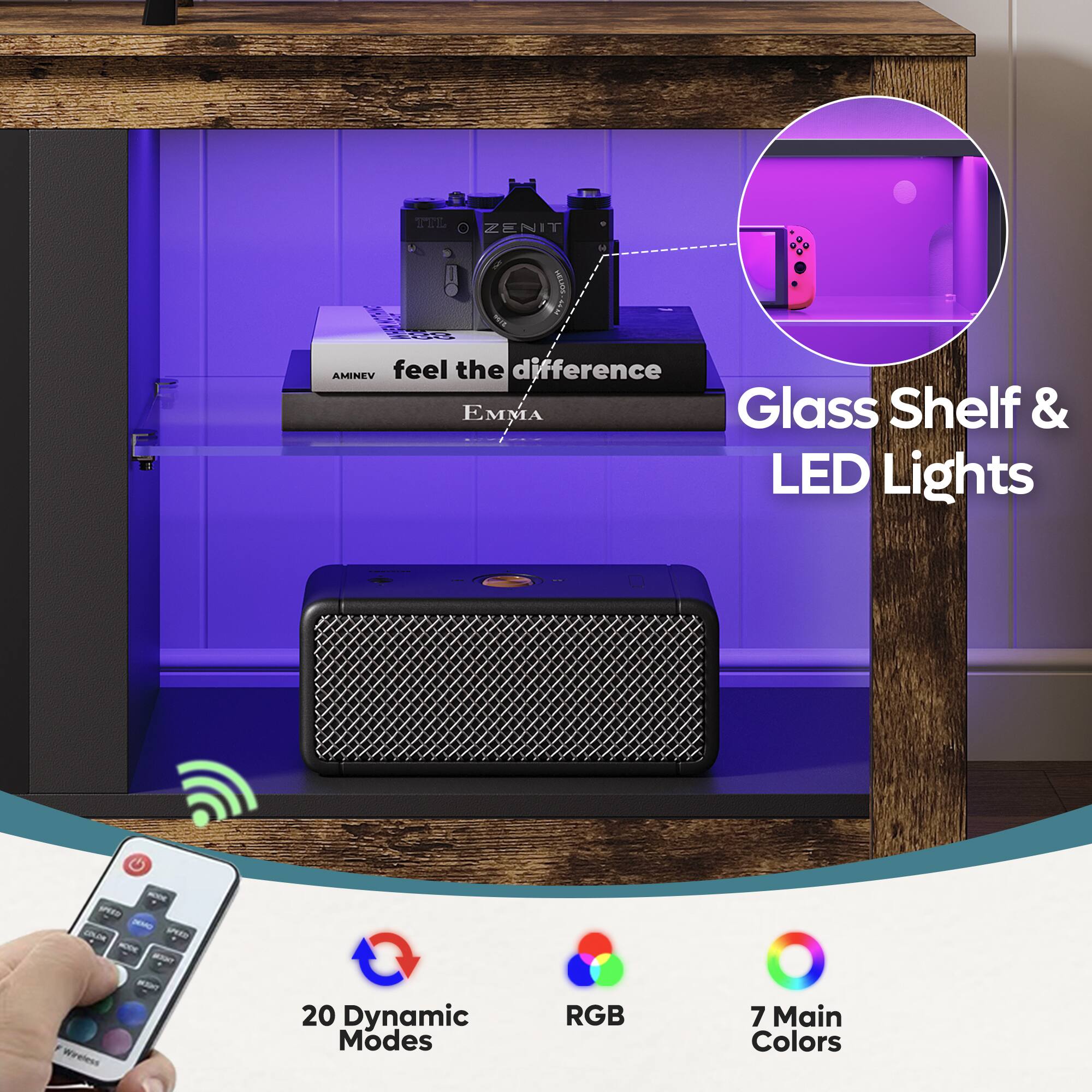 The text on the image reads: "Feel the difference Glass Shelf & LED Lights - Coupon inside - Wireless - 20 Dynamic Modes - RGB - 7 Main Colors".