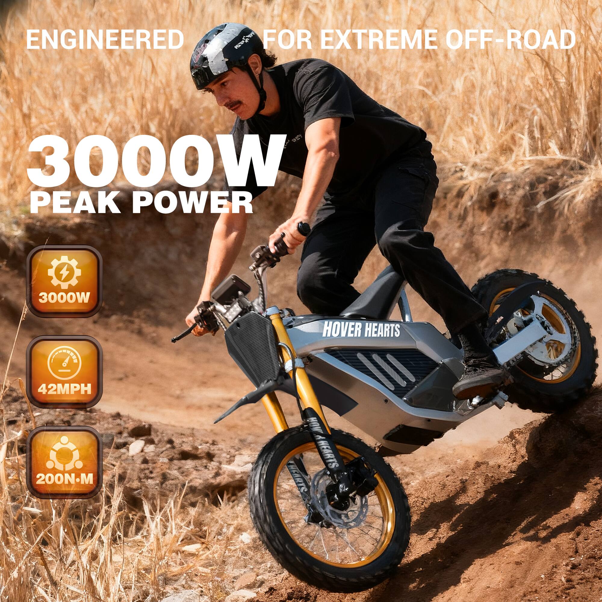 ENGINEERED FOR EXTREME OFF-ROAD  
3000W PEAK POWER  
3000W  
42MPH  
200N-M  
HOVER HEARTS