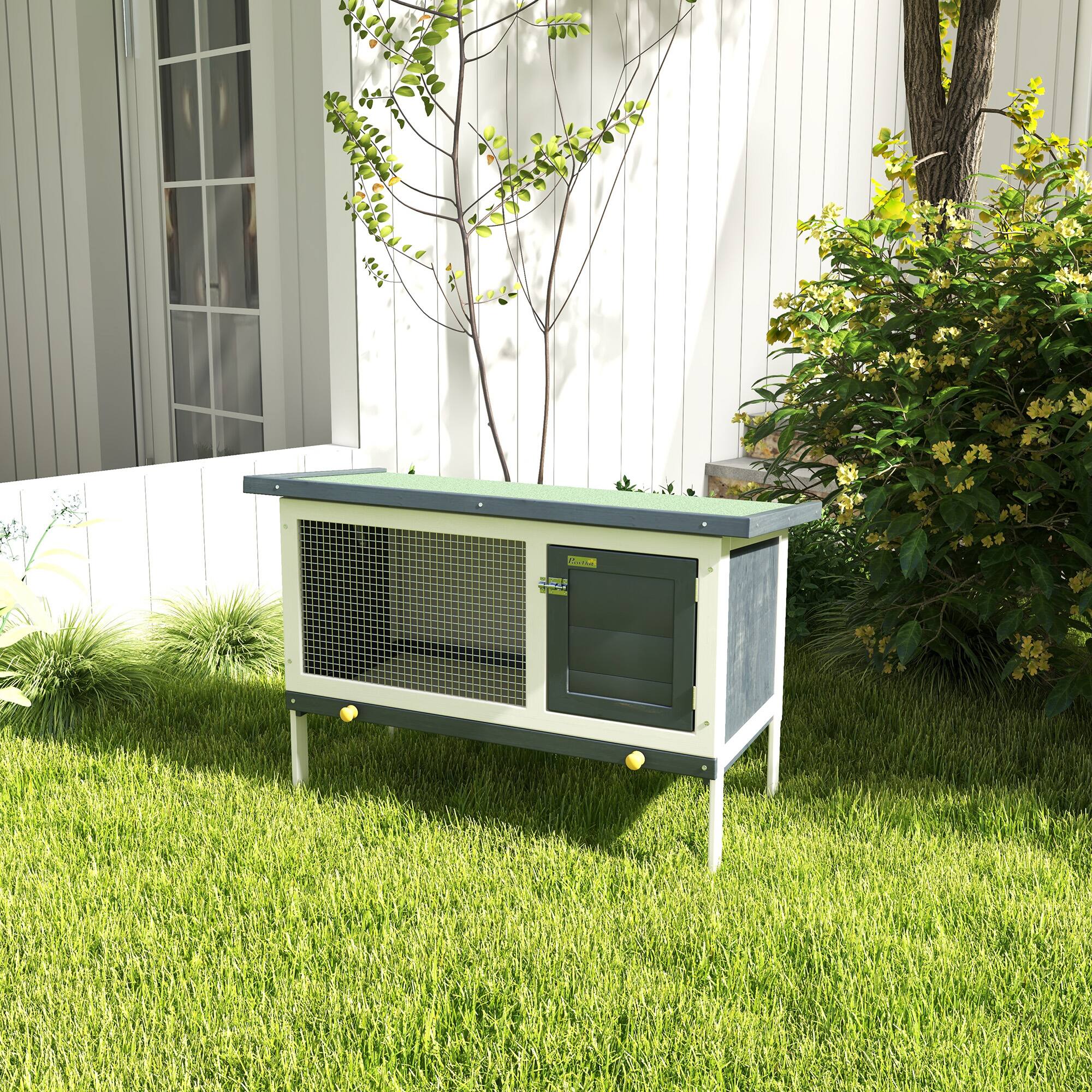 Angle. Pawhut - 35" Wooden Rabbit Hutch Indoor, Bunny Cage Outdoor, Guinea Pig House with Pull-Out Tray, Openable Asphalt Roof.