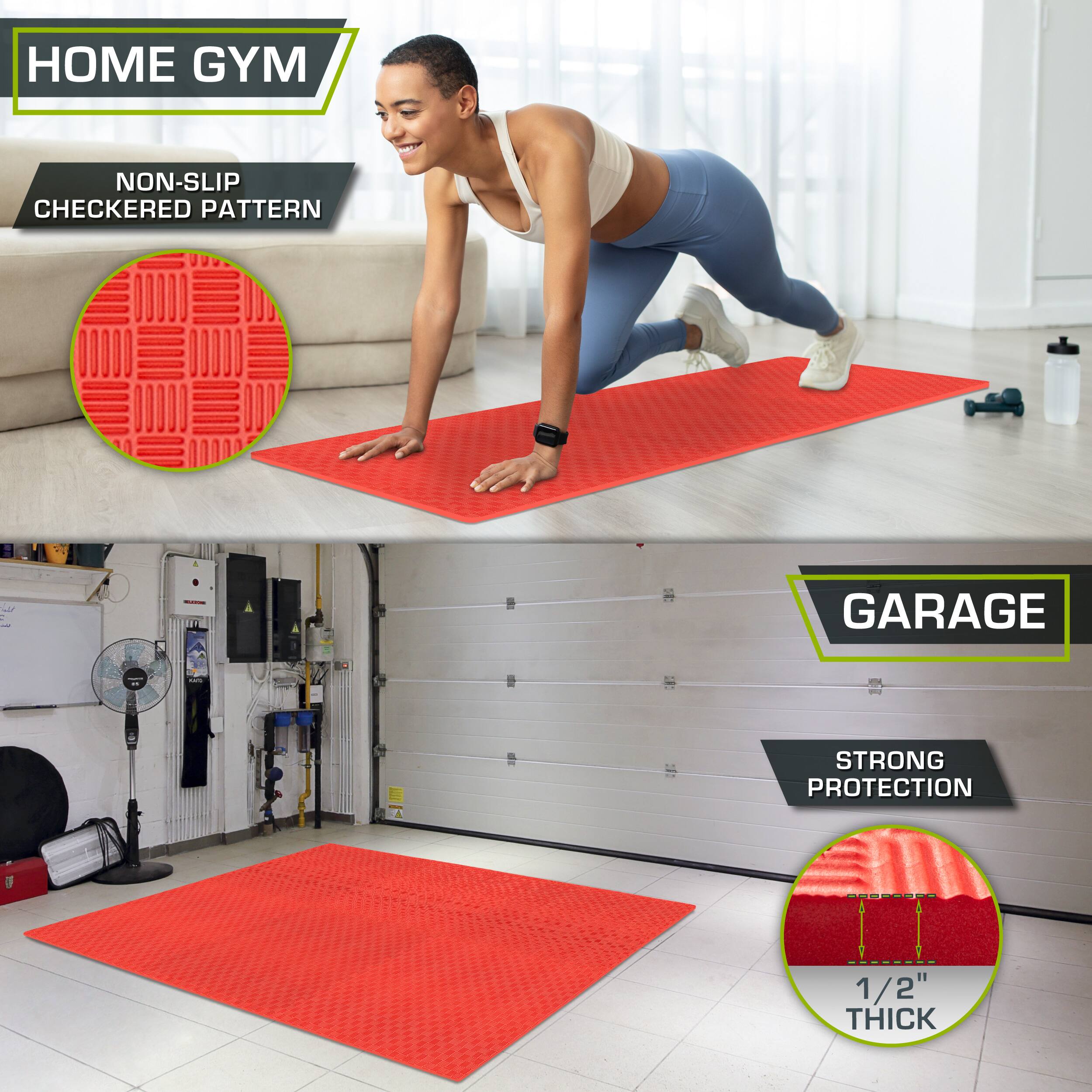 The text on the image can be grouped and corrected as follows:

**Home Gym:**
- Non-slip checkerboard pattern

**Garage:**
- Strong protection
- 1/2" thick