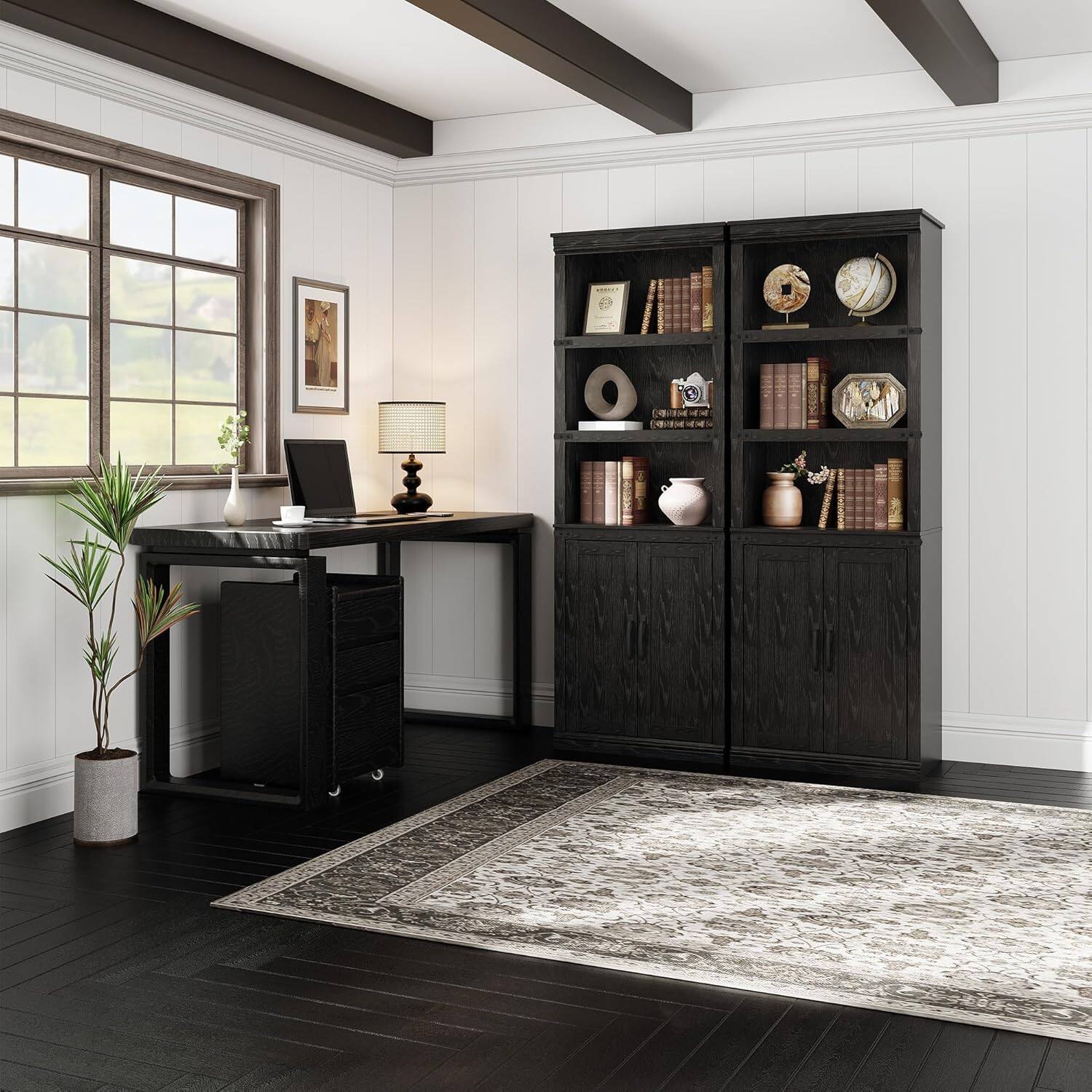 Alt View 1. Homhougo - 68.7" Tall 5-Tier Farmhouse Bookcase with Cabinet – Wooden 5-Shelf Bookshelf with Storage Doors, Freestanding Bookcase - Black.