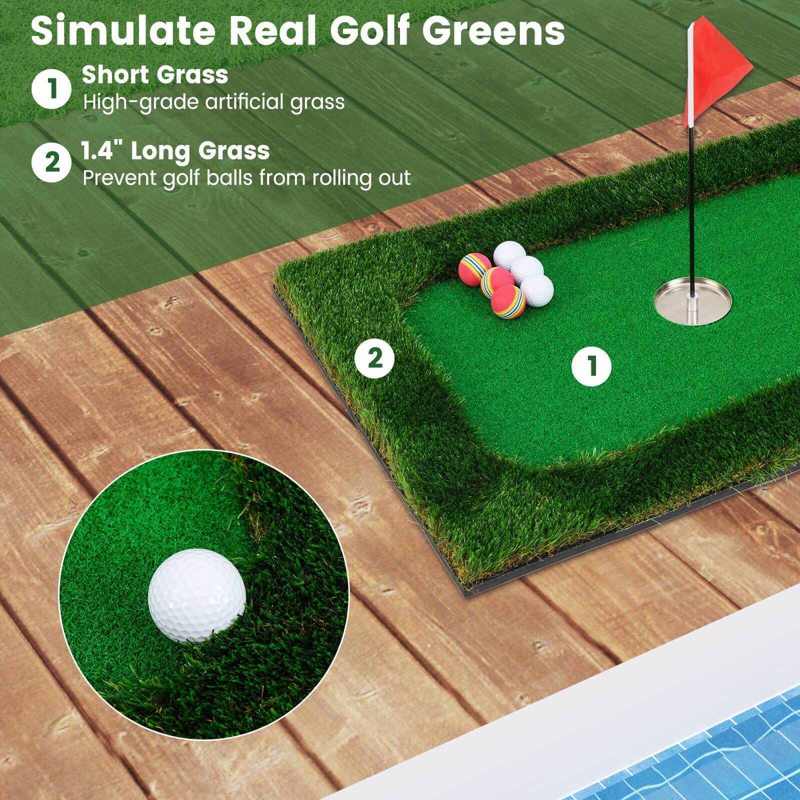 Simulate Real Golf Greens

1. Short Grass  
   High-grade artificial grass

2. 1.4" Long Grass  
   Prevent golf balls from rolling out