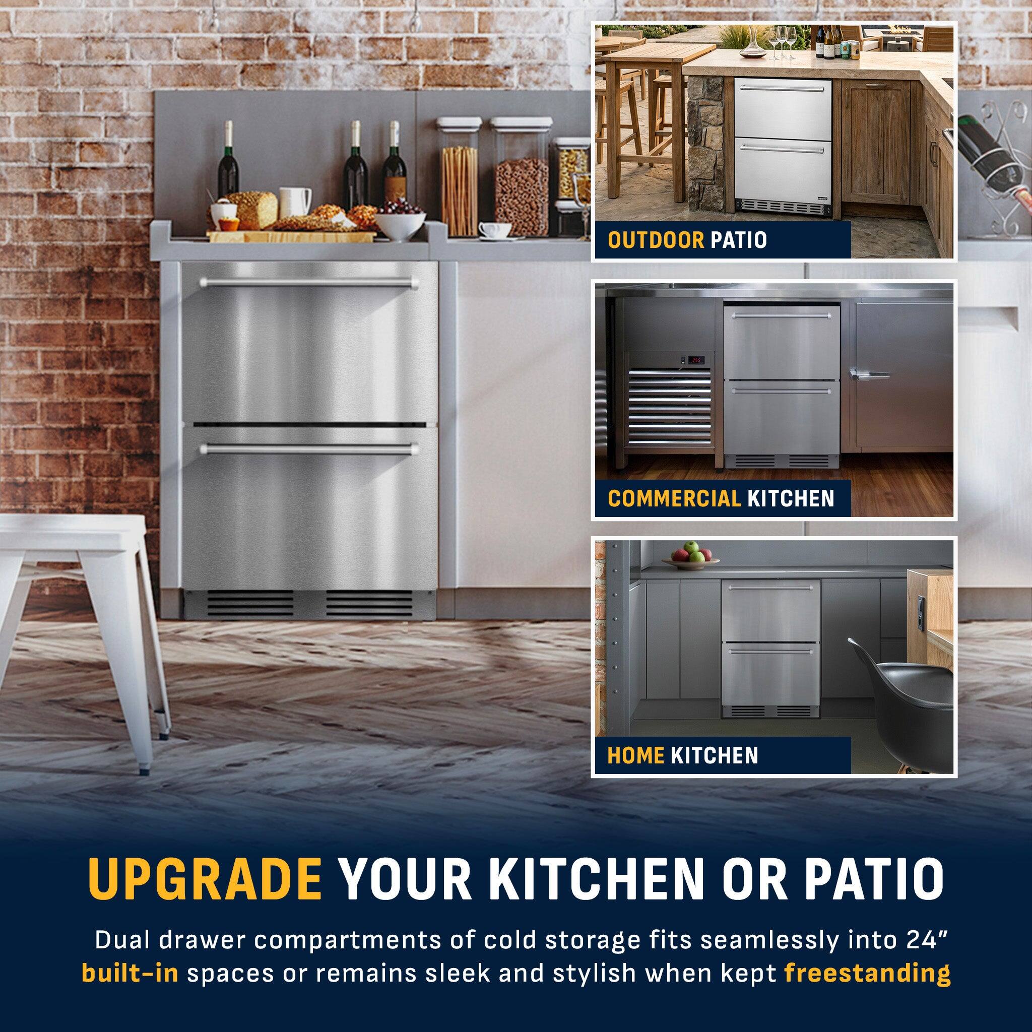 OUTDOOR PATIO  
COMMERCIAL KITCHEN  
HOME KITCHEN  

UPGRADE YOUR KITCHEN OR PATIO  

Dual drawer compartments of cold storage fits seamlessly into 24" built-in spaces or remains sleek and stylish when kept freestanding