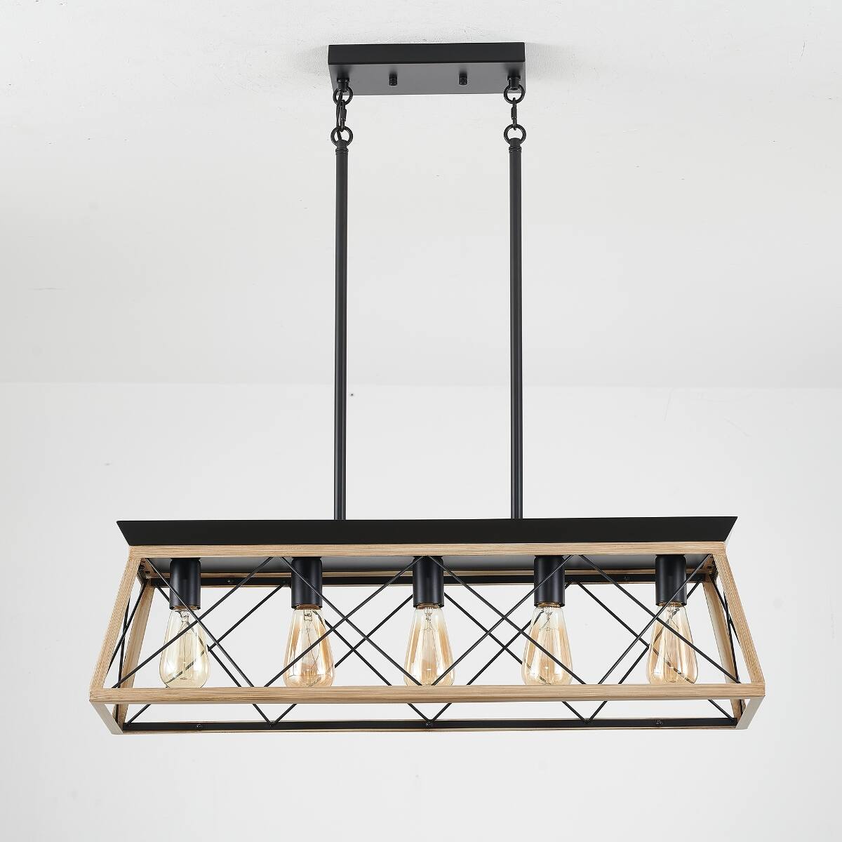 Alt View 9. Loheer - Loheer 5 Light Farmhouse Chandelier Rustic Wood and Metal Rectangular Dining Room Pendant.
