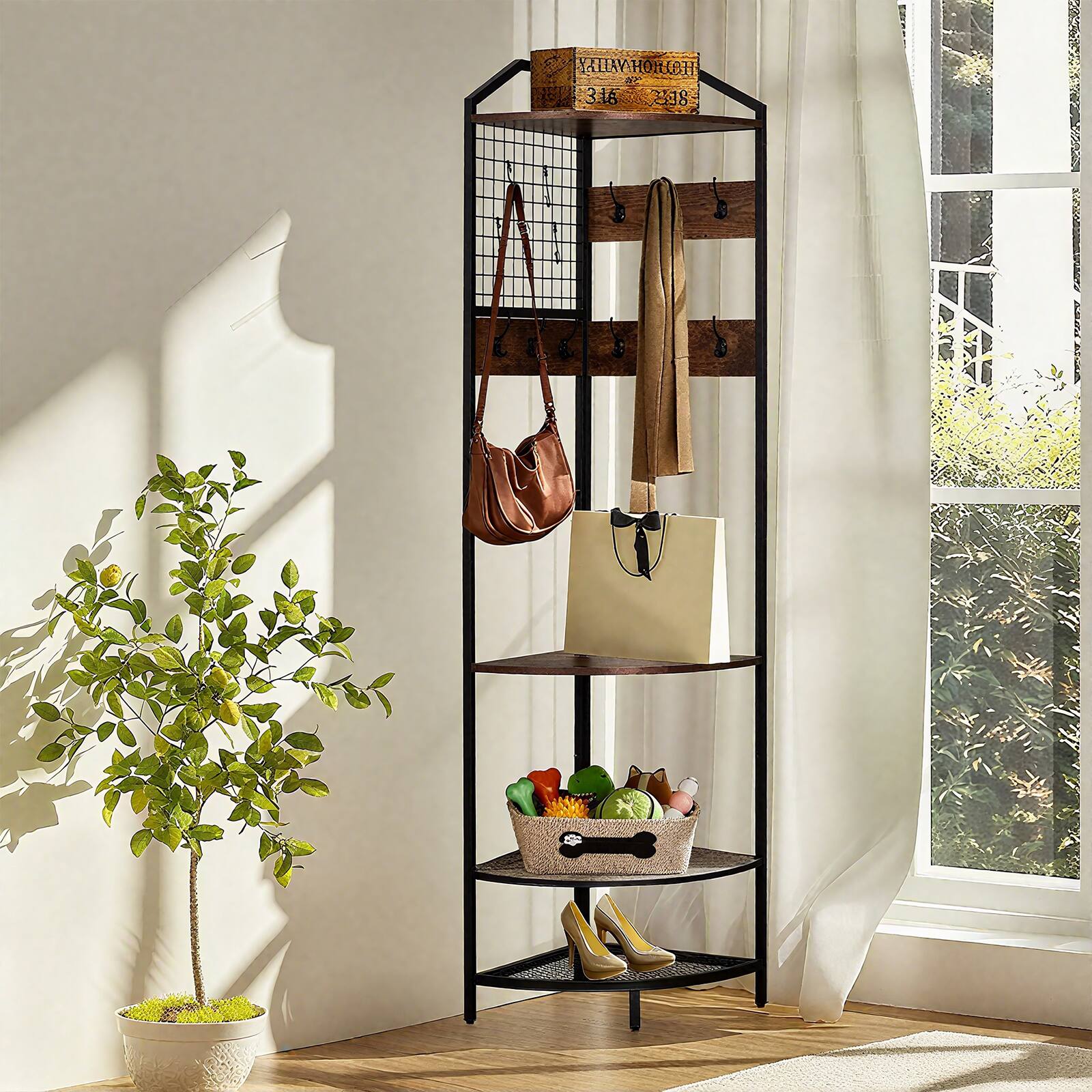 Chateau Abodes - Corner Coat Rack with Bench and Shoe Storage, Hall Tree Wood Entryway Organizer with 14 Metal Hooks - Black