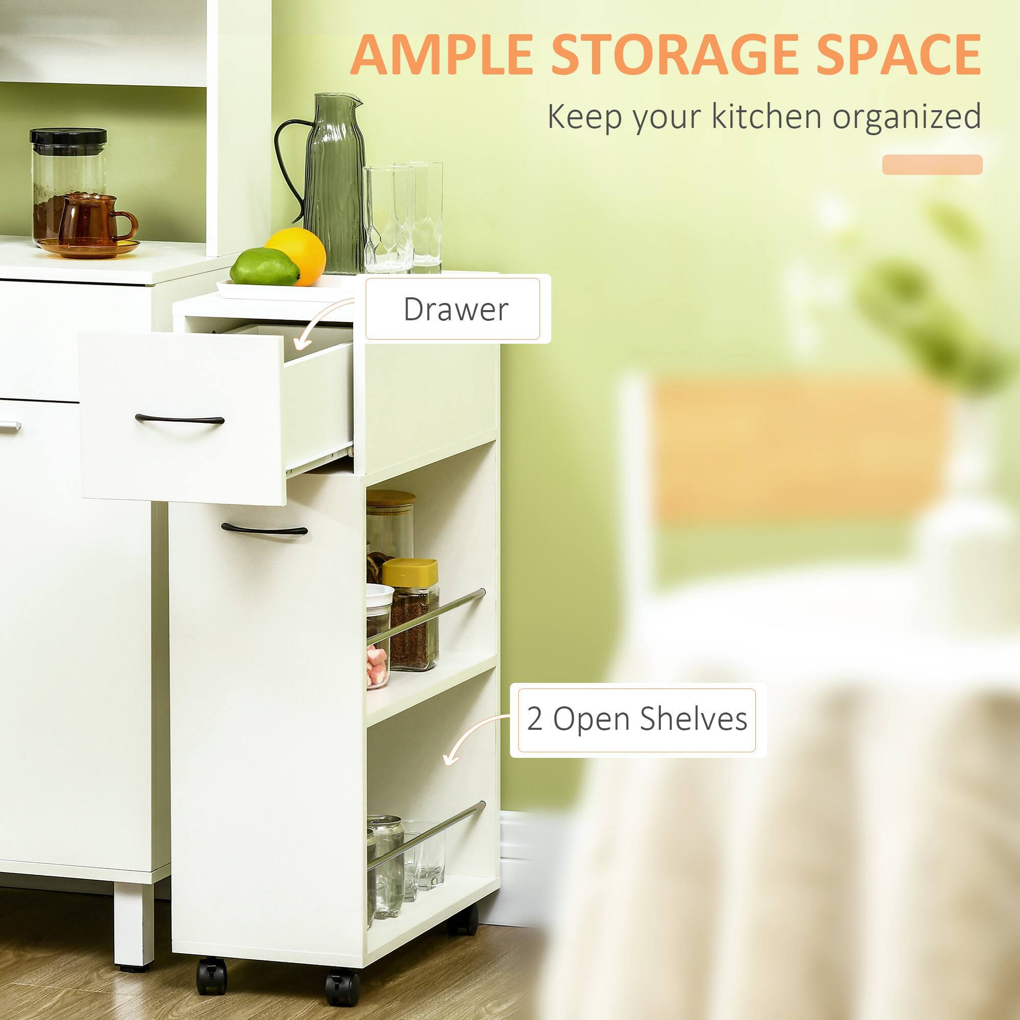 AMPLE STORAGE SPACE  
Keep your kitchen organized  

Drawer  

2 Open Shelves