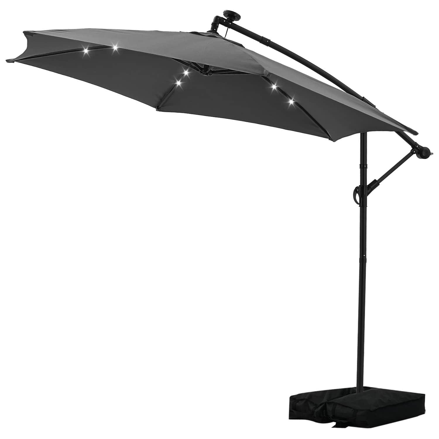 Ainfox - 10FT Solar LED Outdoor Patio Yard Offset Umbrella with Cross Base for Market,Garden,Deck,Backyard,Pool,with light - Gray