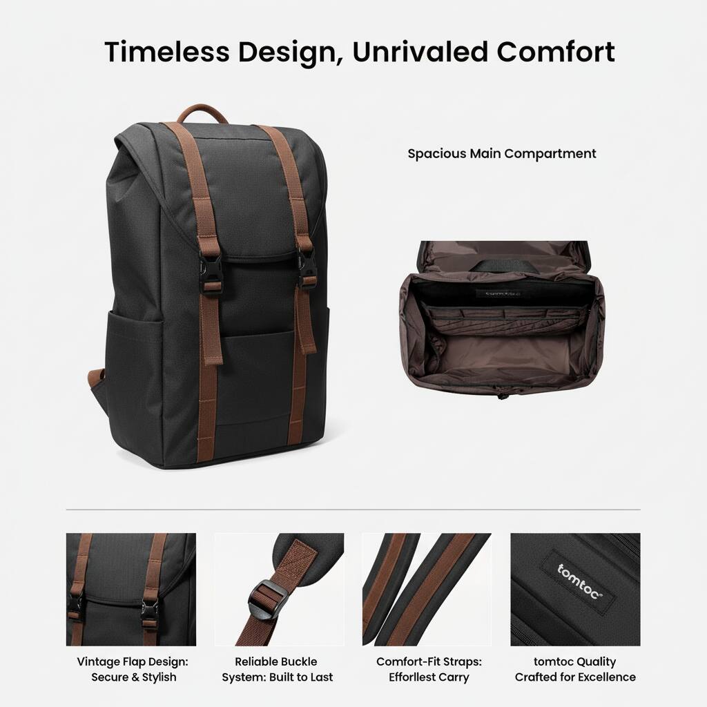 Timeless Design, Unrivaled Comfort

Spacious Main Compartment

Vintage Flap Design: Secure & Stylish

Reliable Buckle System: Built to Last

Comfort-Fit Straps: Effortless Carry

tomtoc Quality Crafted for Excellence