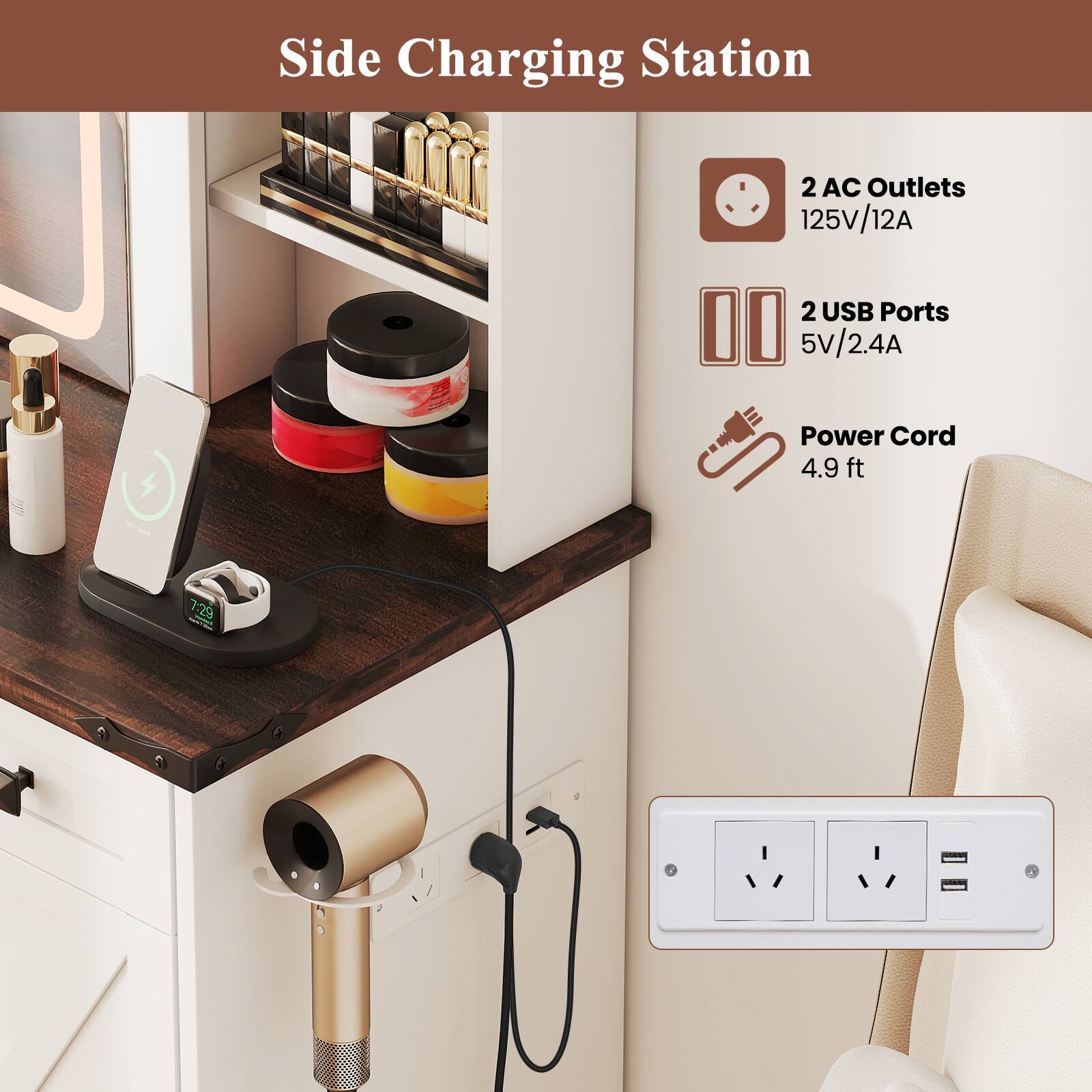 Side Charging Station

- 2 AC Outlets
  - 125V/12A

- 2 USB Ports
  - 5V/2.4A

- Power Cord
  - 4.9 ft