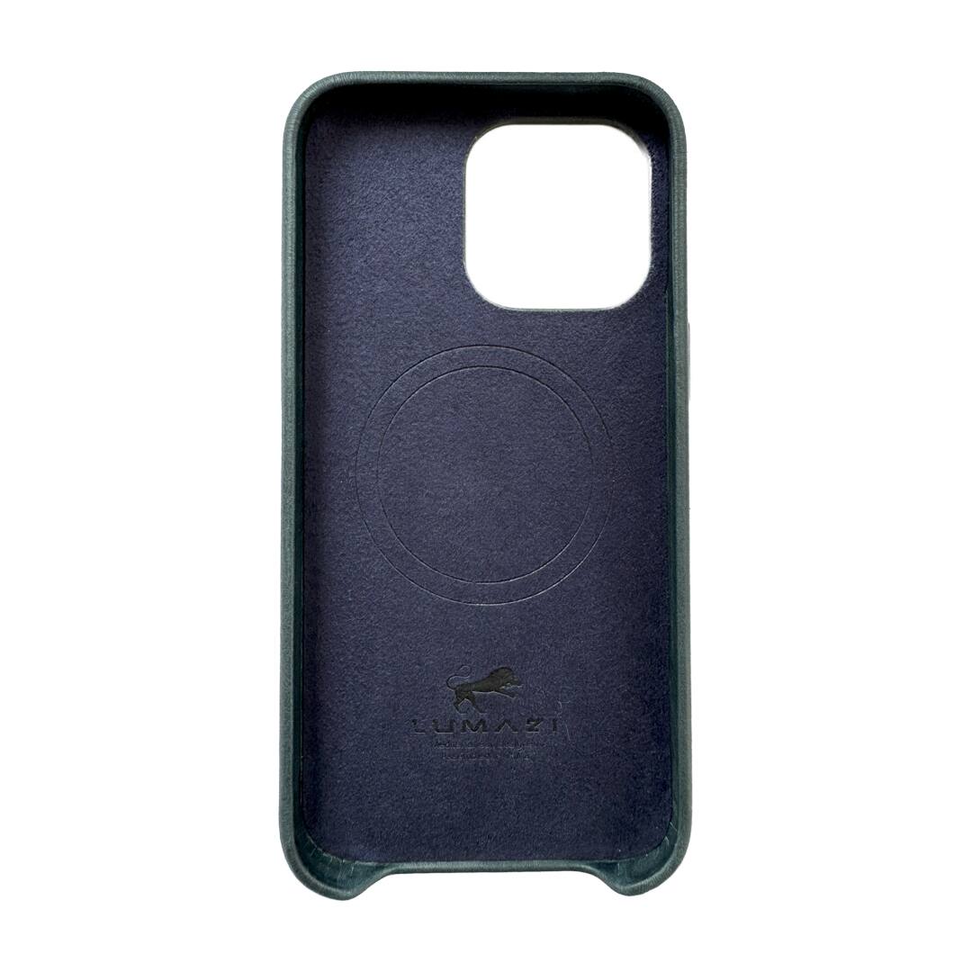 Angle. LUMAZI - Handmade, Full Grain Leather, MagSafe iPhone 15 Pro Max Case - Mediterranean Sea.