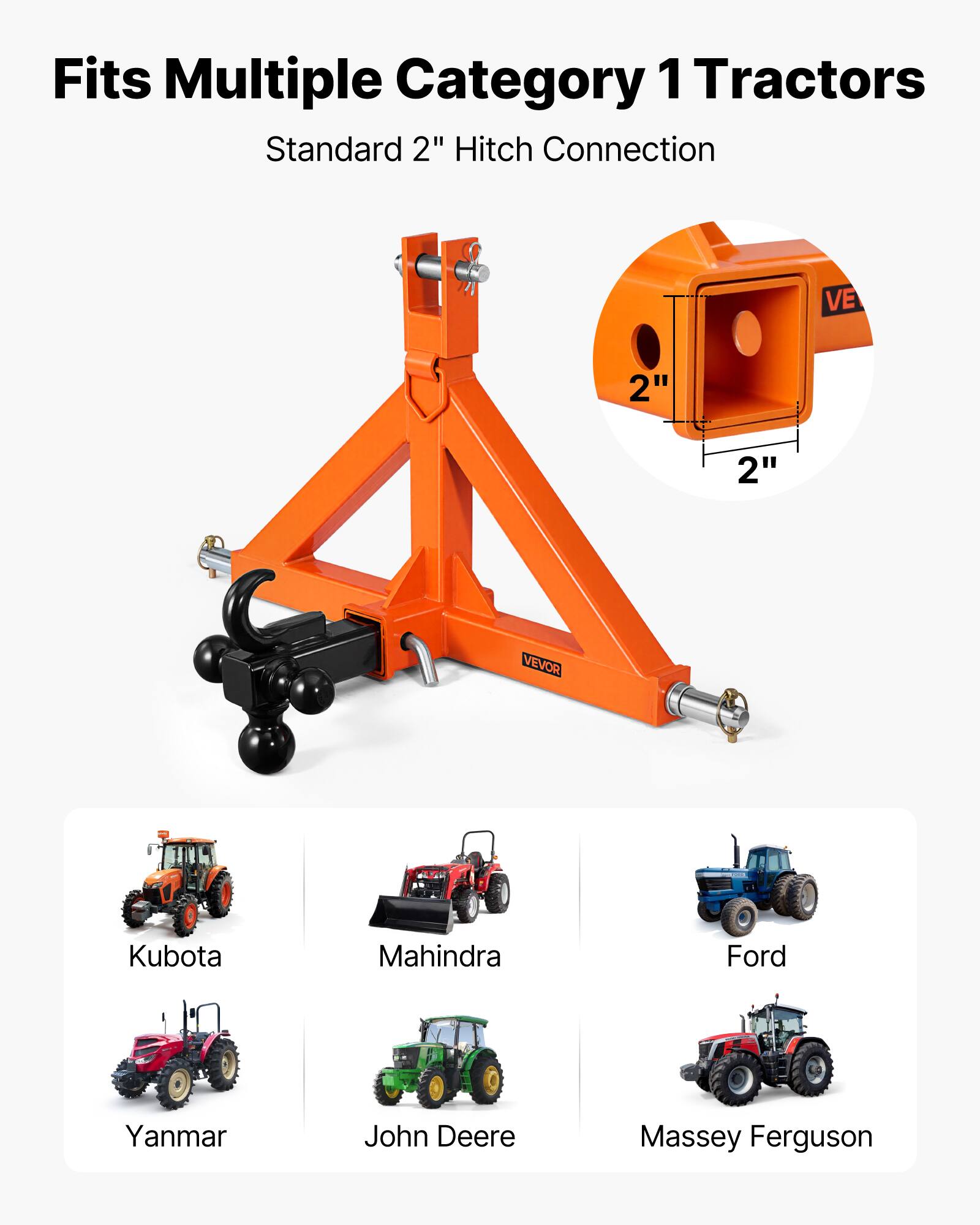 Fits Multiple Category 1 Tractors  
Standard 2" Hitch Connection  

- Kubota  
- Mahindra  
- Ford  
- Yanmar  
- John Deere  
- Massey Ferguson