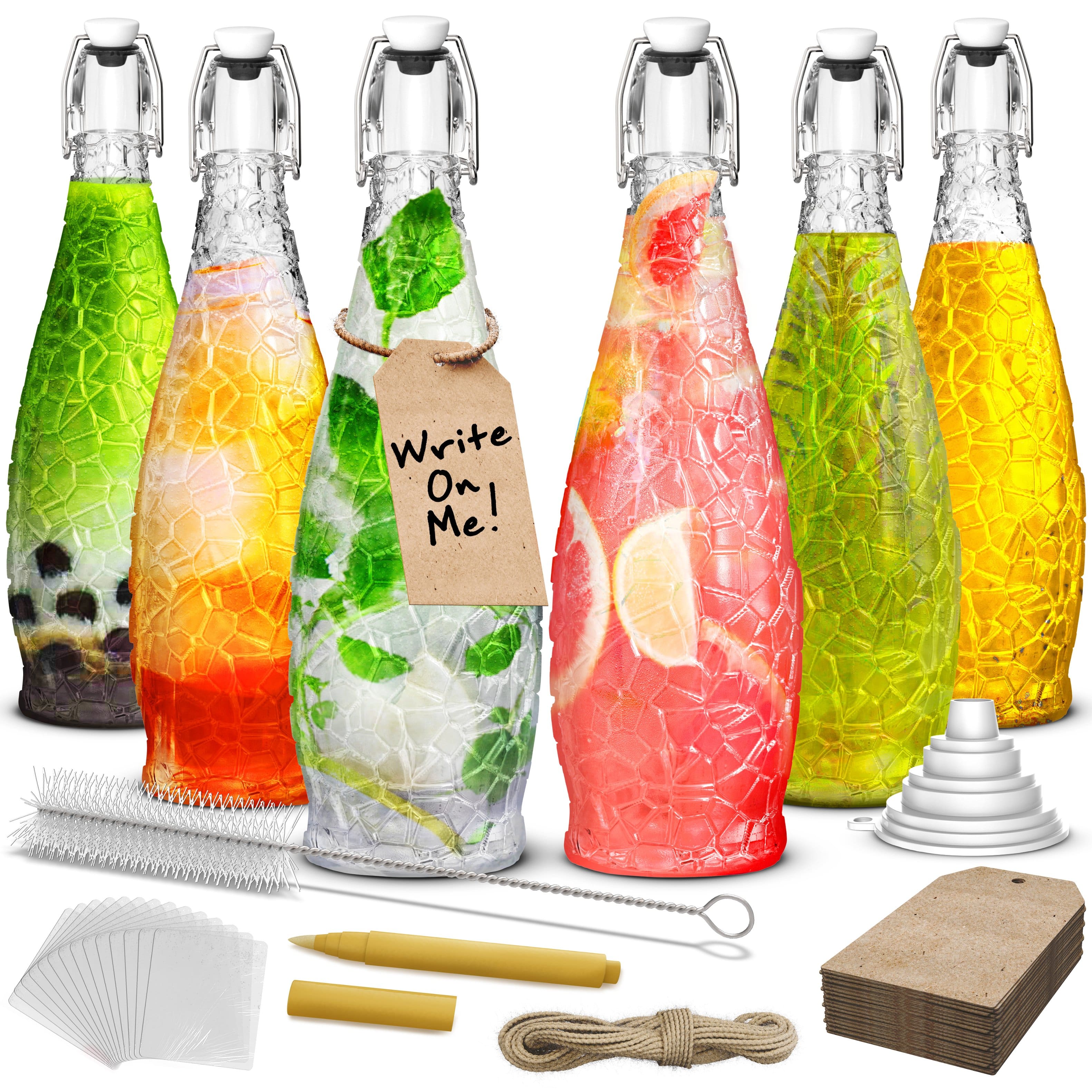 Nevlers - 33 Oz. Textured Swing Top Glass Bottles with Bottle Brush, Funnel, Tags, Shrink Wrap and Glass Marker (Set of 6) - Clear
