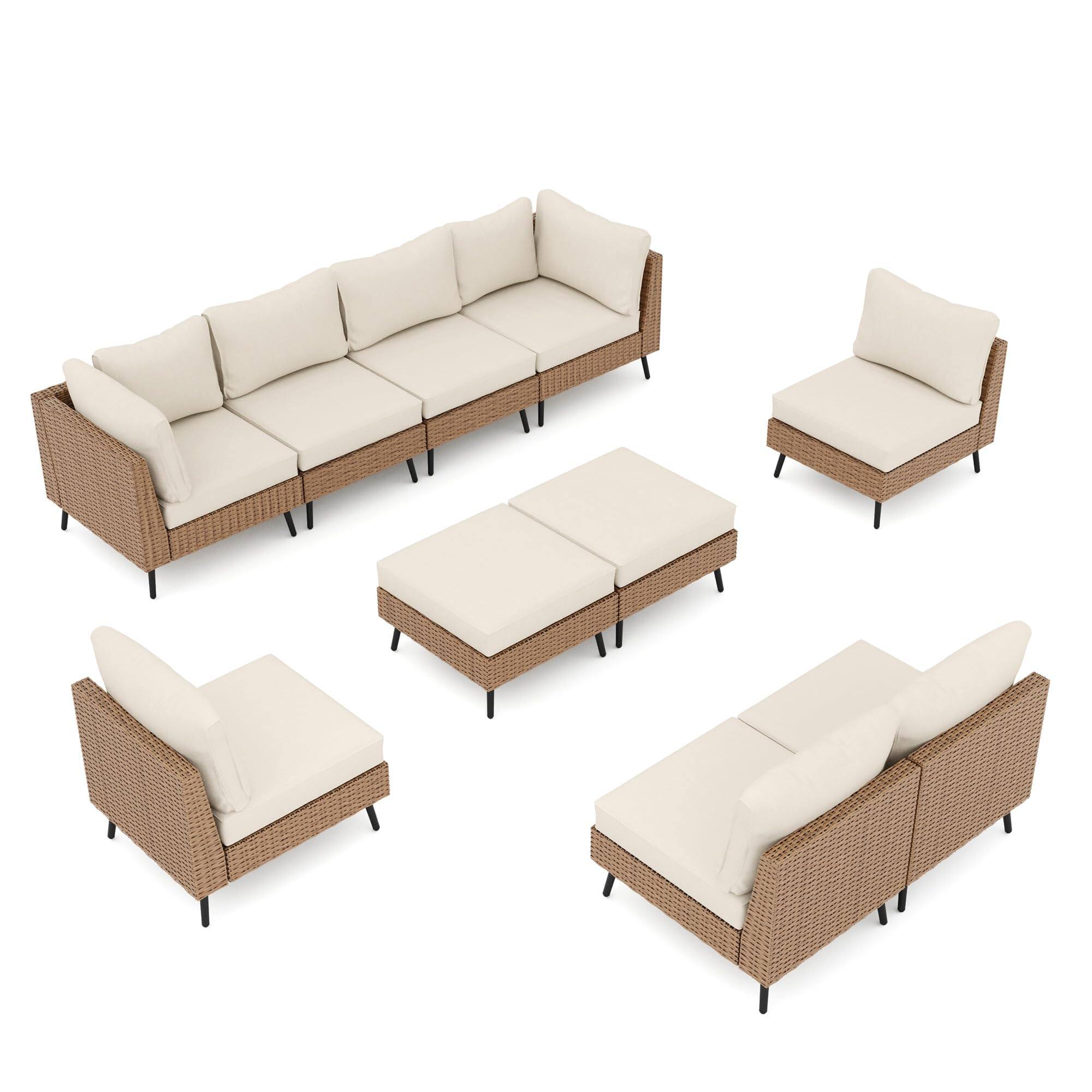 Angle. Yardgrace - 10Pc Outdoor Patio PE Rattan Wicker Sectional Conversation Olefin Cushions 2 Corner 6 Armless Chairs 2 Ottomans Beige - Beige.