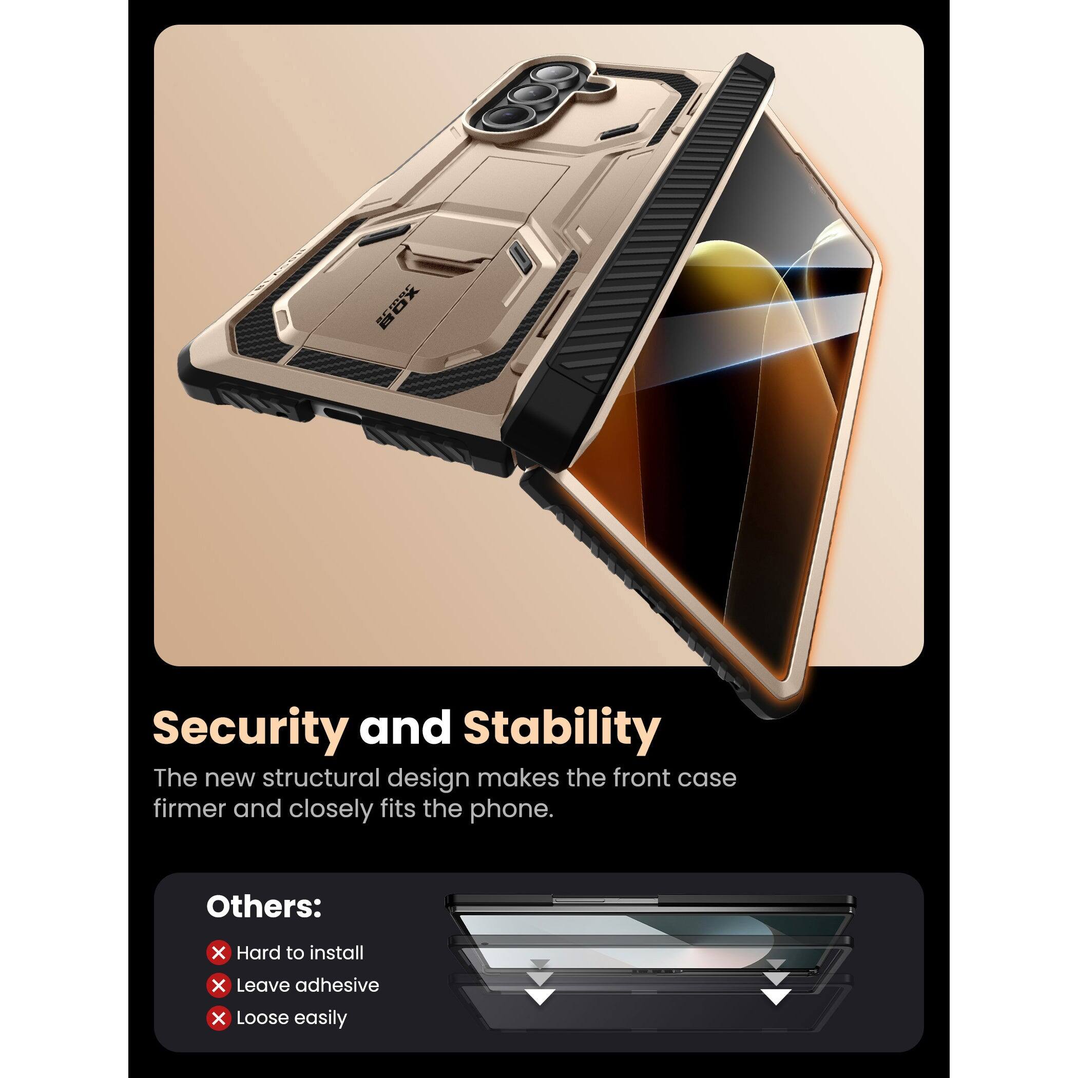 Security and Stability  
The new structural design makes the front case firmer and closely fits the phone.

Others:  
- Hard to install  
- Leave adhesive  
- Loose easily