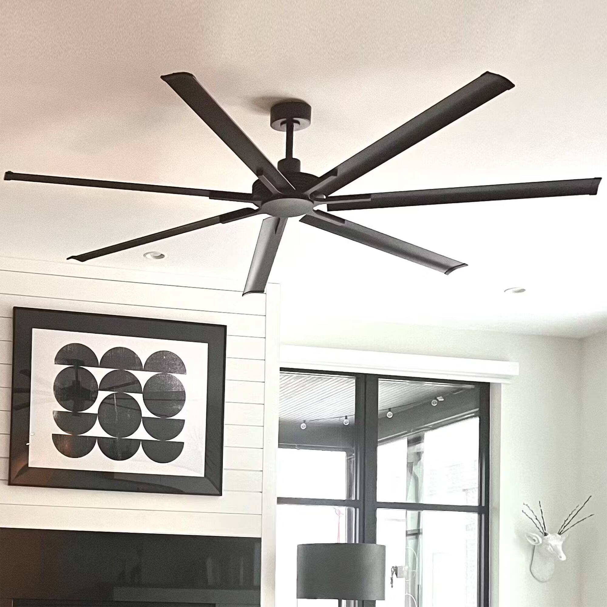 Angle. Parrot Uncle - 100" Industrial Aluminum 7-Blade Black Extra Large Ceiling Fan with Remote - Matte Black.