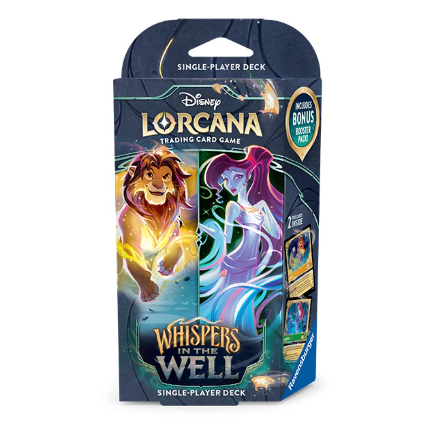 SINGLE-PLAYER DECK  
Disney LORCANA TRADING CARD GAME  
INCLUDES BONUS BOOSTER PACK!  
INSIDE  
WHISPERS IN THE WELL SINGLE-PLAYER DECK  
Ravensburger