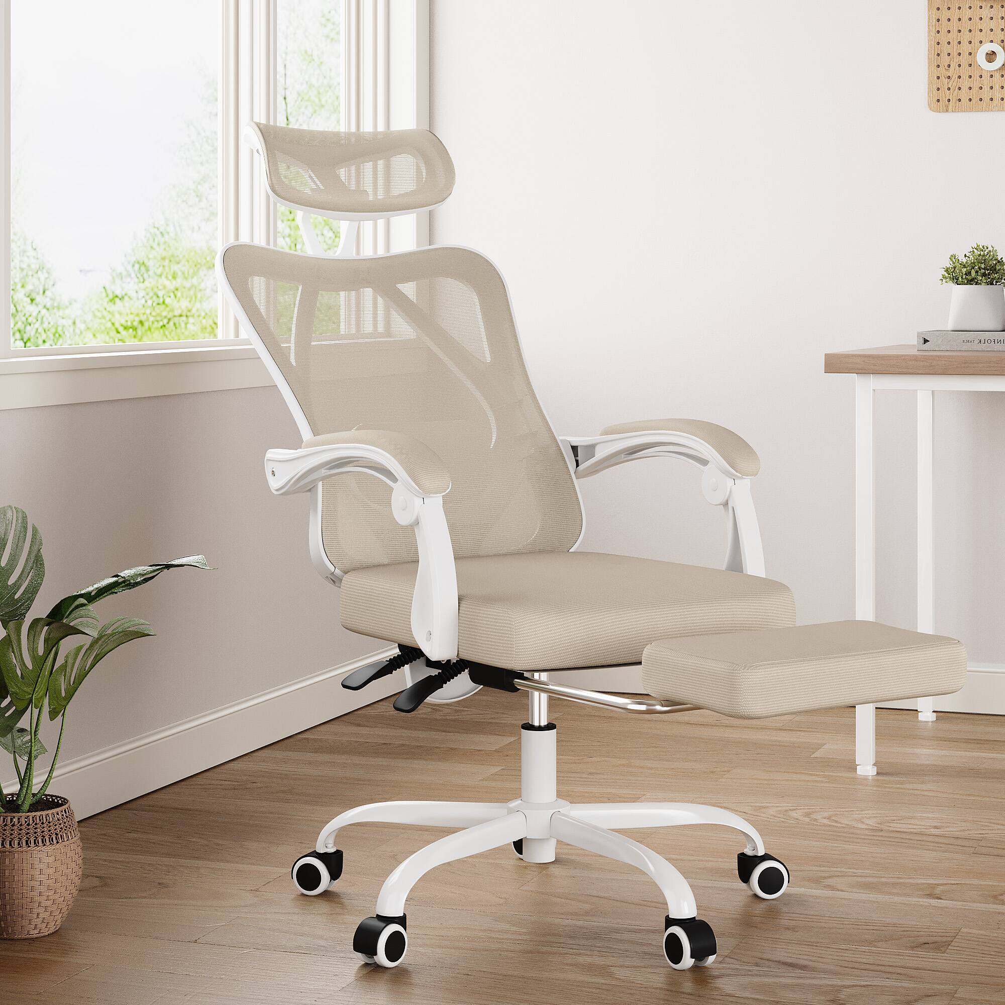 Alt View 2. PexFix - Ergonomic Office Chair with 135° Recline, Adjustable Headrest & Lumbar Support, 400 lb Capacity - White+Khaki.