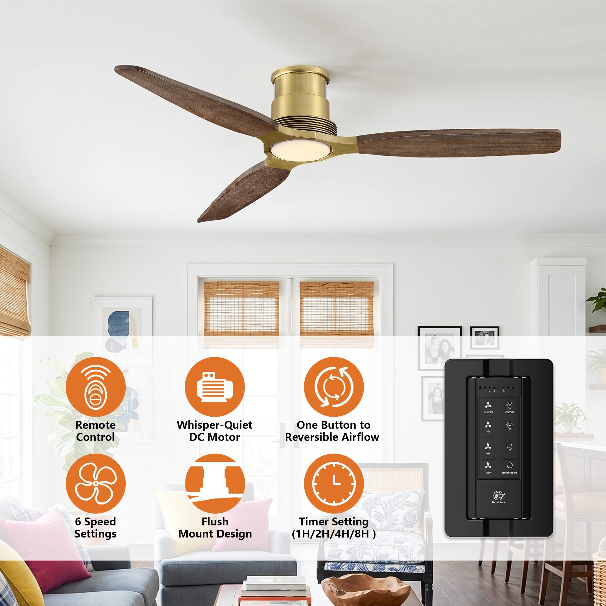 Remote Control Whisper-Quiet DC Motor Reversible Airflow - One Button to 6 Speed Settings Flush Mount Design Timer Setting (1H/2H/4H/8H)
