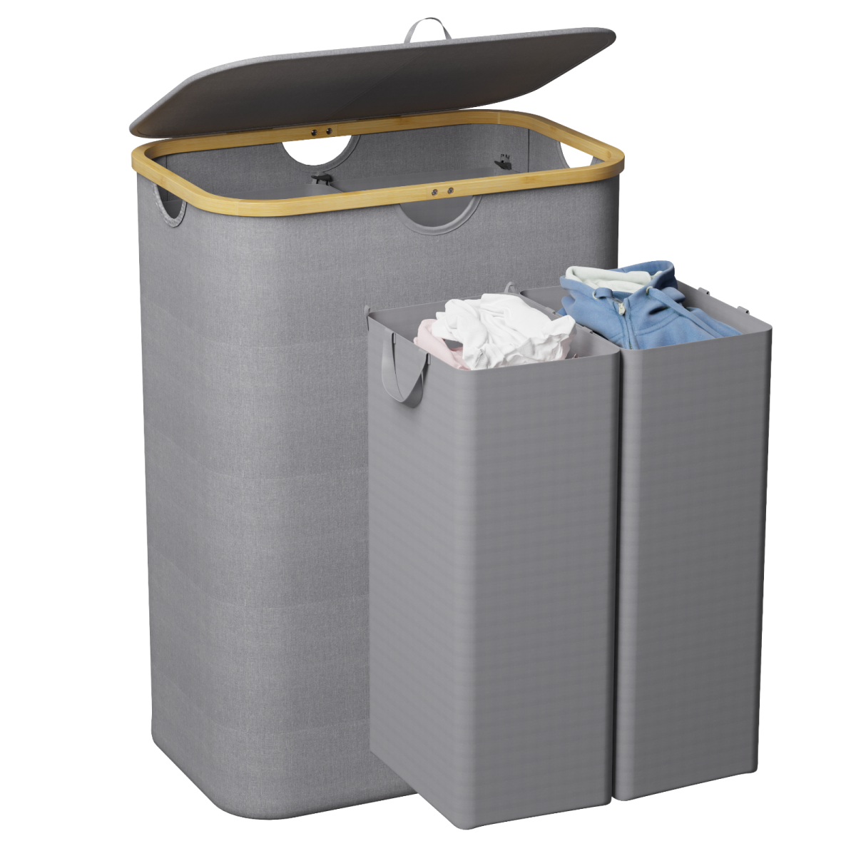 Tooloton - 160L Dual Section Collapsible Laundry Hamper with Lid, Removable Bags, Bamboo Handles, Grey - Gray