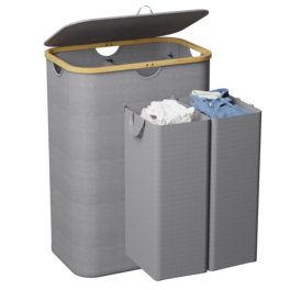 Tooloton - 160L Dual Section Collapsible Laundry Hamper with Lid, Removable Bags, Bamboo Handles, Grey - Gray