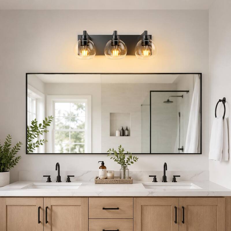 Left. RYHNUYNE - Matte Black 3-Light Bathroom Vanity Light with Clear Glass Shades, Damp-Rated Wall Sconce for Mirror.