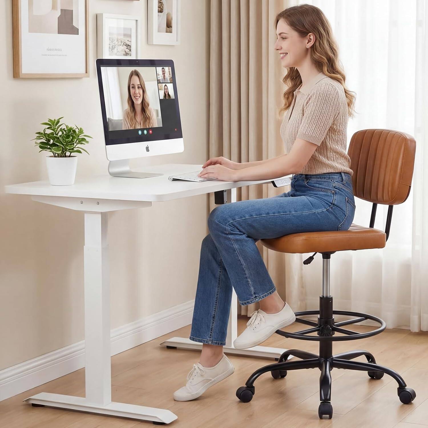 Angle. Sweet - Armless Drafting Chair, Low Back Office Seat with Adjustable Footrest Ring for Standing Desk, Lab, Counter, Brown - Brown.