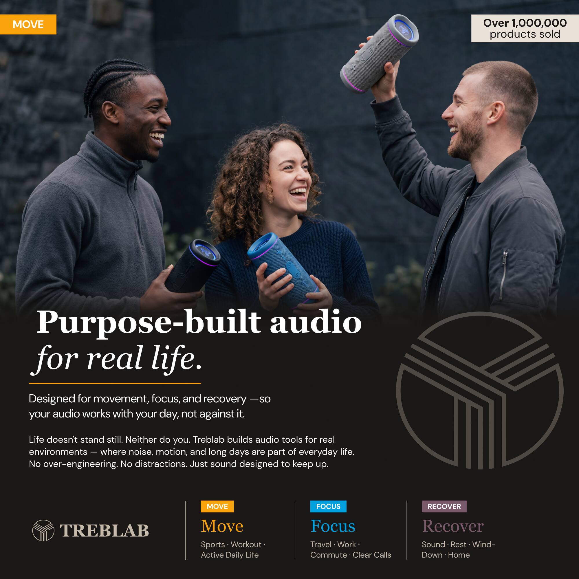 MOVE Over 1,000,000 products sold

Purpose-built audio for real life.

Designed for movement, focus, and recovery — so your audio works with your day, not against it.

Life doesn't stand still. Neither do you. Treblab builds audio tools for real environments — where noise, motion, and long days are part of everyday life. No over-engineering. No distractions. Just sound designed to keep up.

MOVE FOCUS RECOVER

TREBLAB

Move
Sports • Workout • Active Daily Life

Focus
Travel • Work • Commute • Clear Calls

Recover
Sound • Rest • Wind-Down • Home